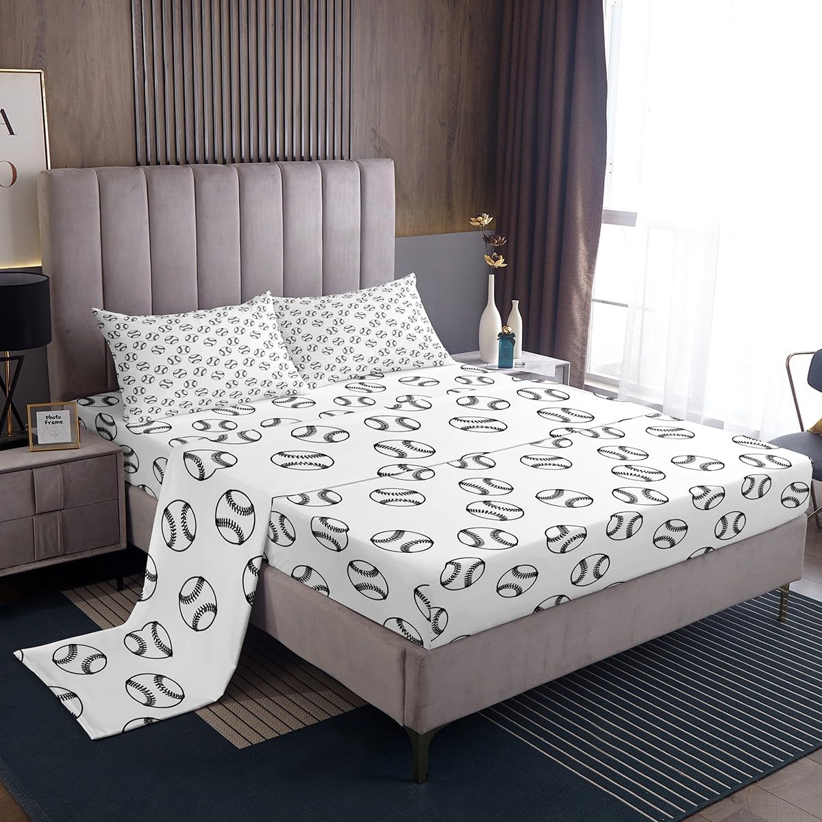 Manfei Baseball Kids Sheet Twin Size,Ball Sports Games Competition Bedding Set,Girls Boys Adults Room Decor,Simple Style Fashion Black White Chic Bed Sheet Set 3pcs(Fitted + Flat + 1 Pillowcase)
