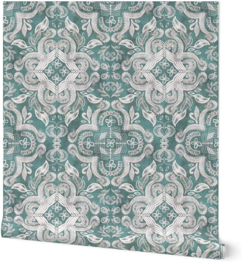 Removable Wallpaper 6ft x 2ft - Teal Gray Boho Print Large Bohemian Nature Dark Quatrefoil Floral Custom Pre-Pasted Wallpaper by Spoonflower