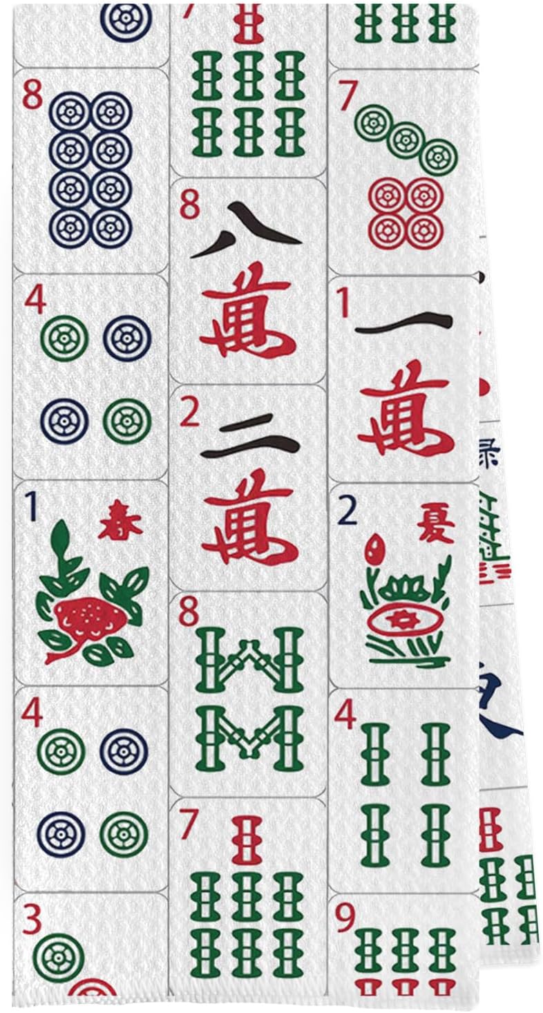 Mahjong Gifts Dish Towels - Mahjong Decorative Waffle Weave Kitchen Towels, Hand Tea Towel for Kitchen Bathroom (16×24 Inches)