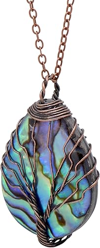 Hand Wrapped Abalone Shell Tree of Life Pendant Necklace Small, Bronze Wire