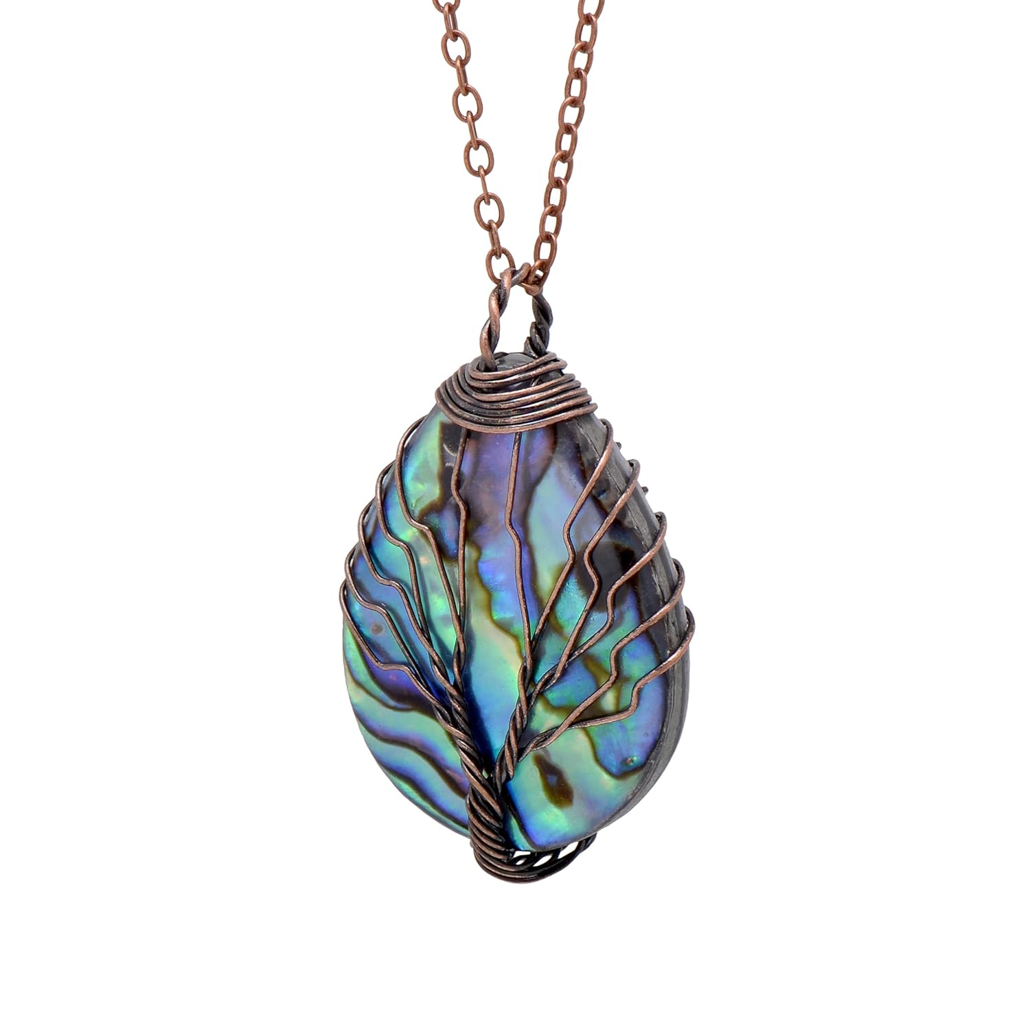 Natural Abalone Shell Wrapped Wire Tree of Life Pendant Necklace – Small – Bronze Copper