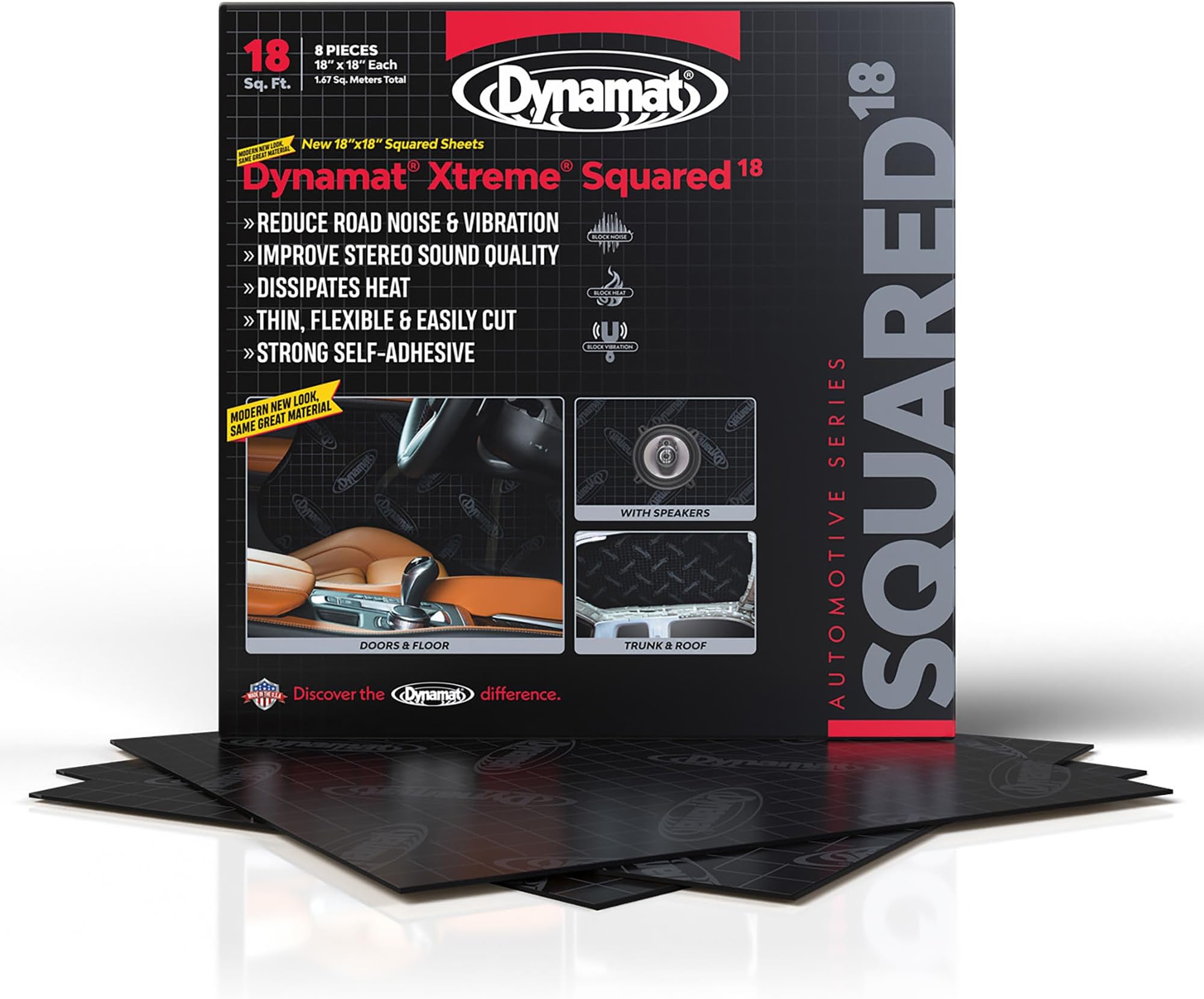Dynamat Xtreme Sound Deadening Car Insulation Squared 18 Pack – Noise Dampening Kit for Floor, Doors, Panels, Hood, Engine or Trunk – Easy Self Adhesive Install – 8 Sheets 18”x18”, 18 sq ft Total