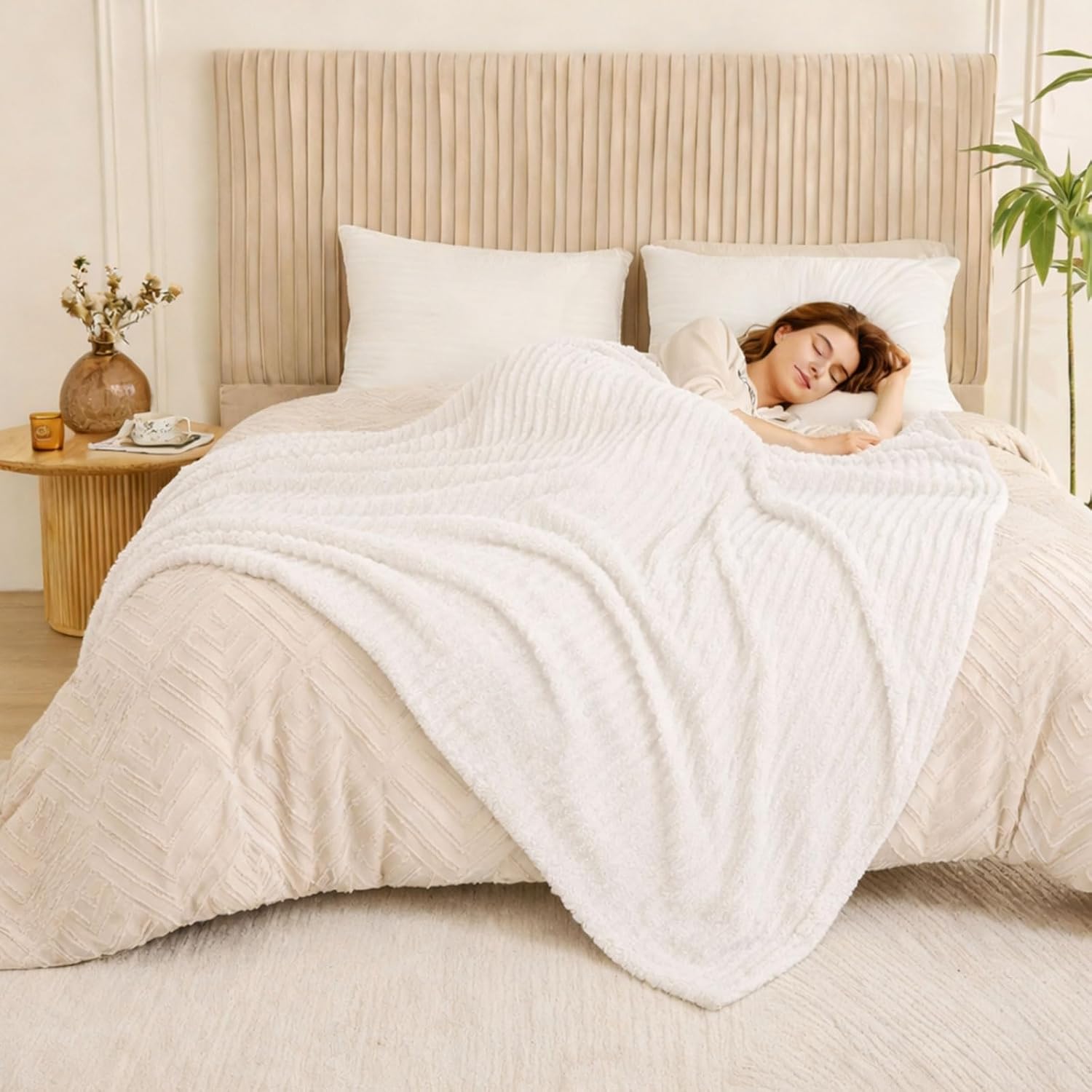 Throw Blanket for Couch - Flannel Fleece 3D Striped Ribbed Bed Blanket.Super Soft Blankets for Women Girls,Teacher Gifts Birthday Gifts Room Home Dorm Decor (White, Throw(50"x60")) - Image 2