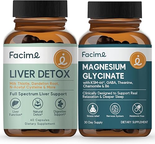 Paquete de ayuda para dormir con glicinato de magnesio, alivio del sueño y el estrés sin melatonina y apoyo hepático de espectro completo - Limpieza