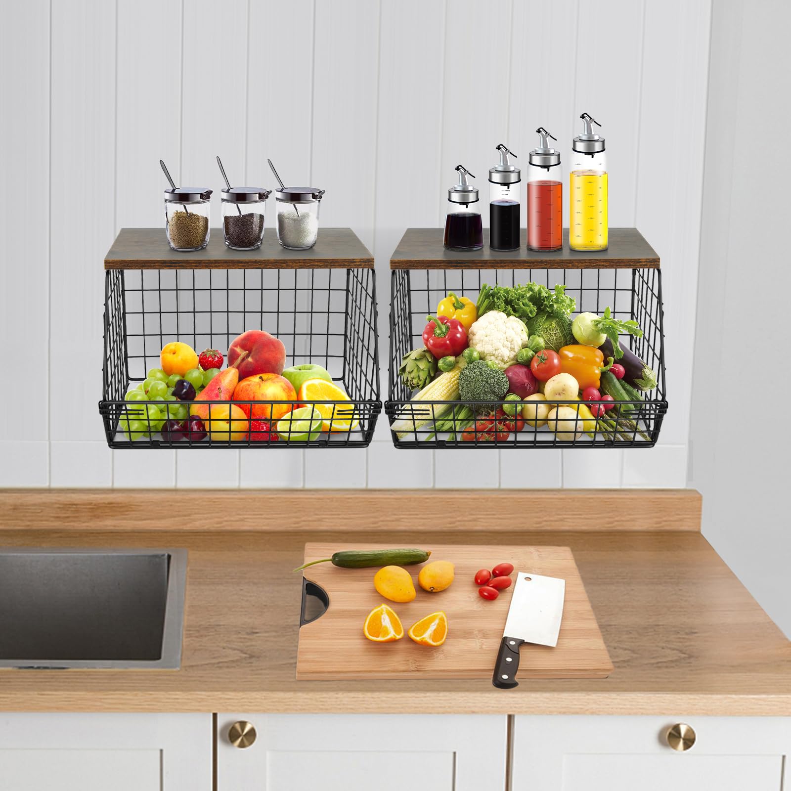 Cesta de frutas de pared con tapa de madera, cesta de almacenamiento para frutas y verduras de 30 x 20 x 21 cm (2 piezas), color negro