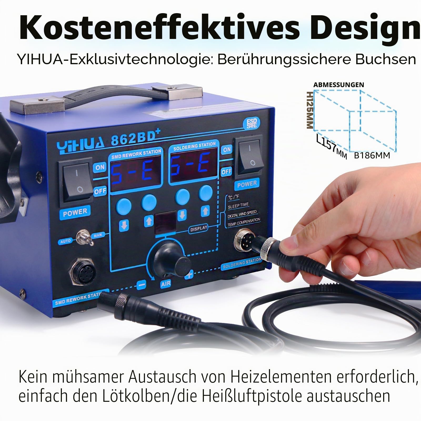 YIHUA 862BD+ SMD-Heißluft-Nachbesserungsstation und Lötstation, 2-in-1 Station mit Temperaturstabilisierungsfunktion für Elektronik, DIY-Projekten, Nachbesserungen, Reparaturen(EU PLUG)