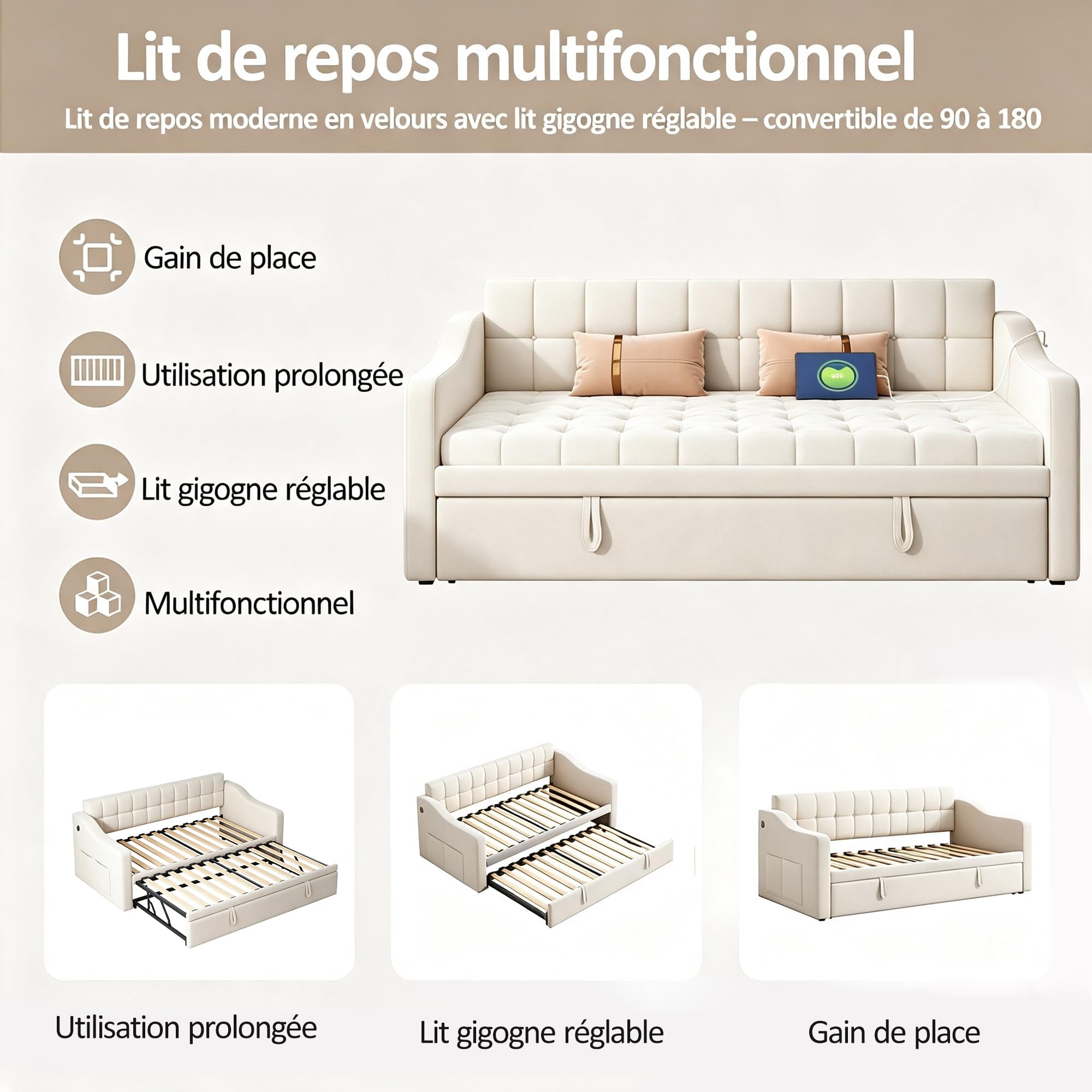 Canapé lit 90x190 cm avec lit gigogne, Prise électrique et Poche de Rangement en Bois, lit Banquette, Cadre de lit 1 Personnes 90x190 avec sommier à Lattes,Velours
