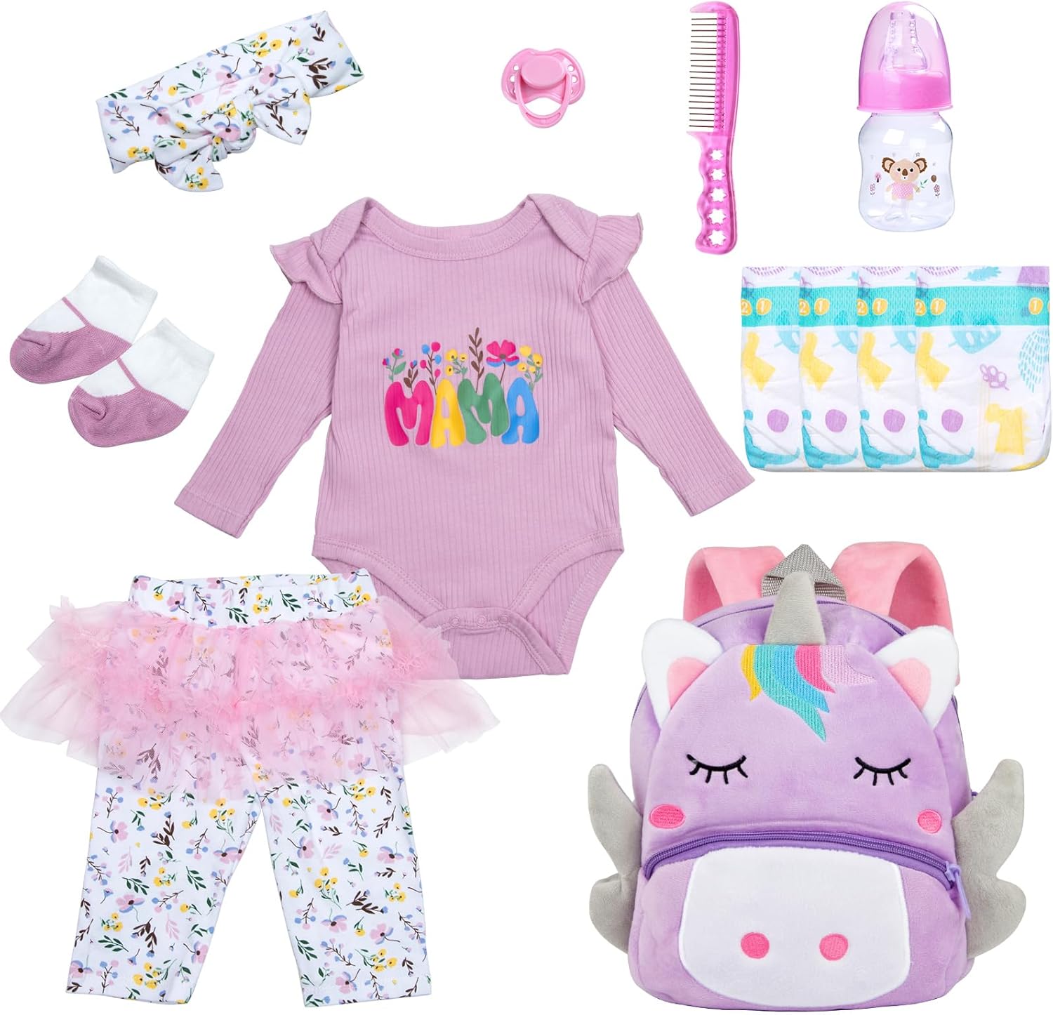 12 Pcs Reborn Baby Doll Clothes with Backpack for 20-22 Inch Baby Dolls,Reborn Baby Doll Accessories Purple Unicorn Set Bag +Bottle+Diapers+Clothes