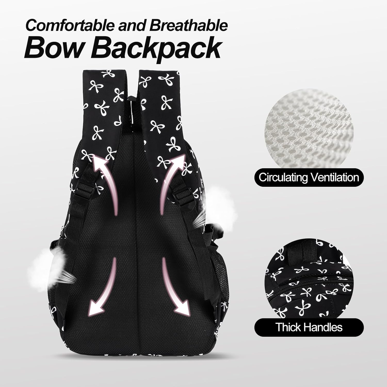 Bow Backpack, Coquette Backpack for Women, Blackbackpack Shoulder Bag 3PCS Set, Cute Large Capacity Versatile Rucksack - Image 4