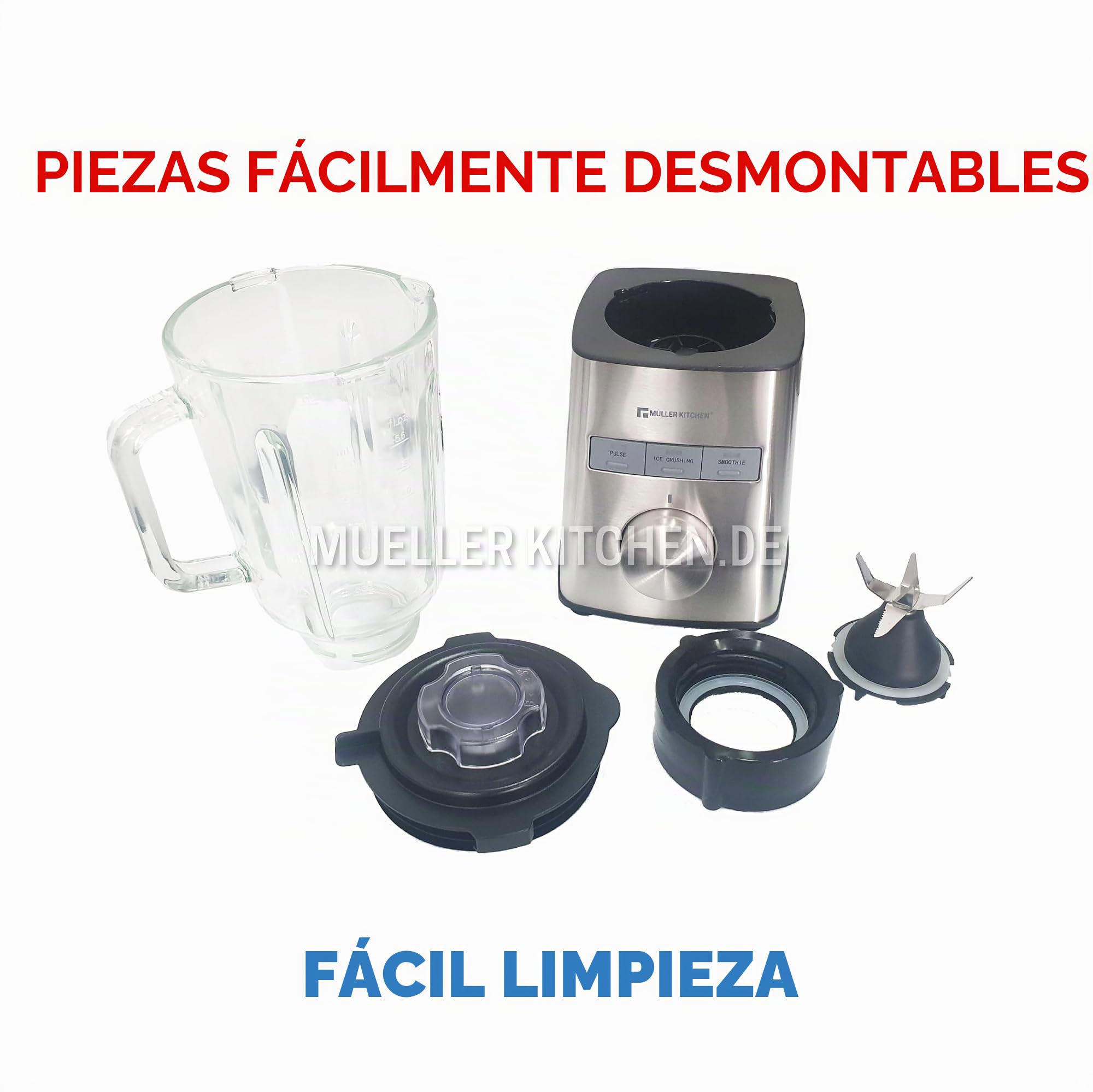 Muller Kitchen MK-6065 Batidora de vaso (1000W, Jarra de Cristal de 1,5L, Cuchilla INOX de 6 filos, 3 programas automáticos, 5 velocidades variables, Picadora de hielo, Carcasa INOX)