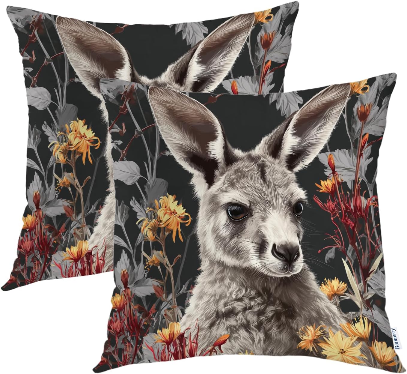 Batmerry Cute Kangaroo Throw Pillow Covers, Floral Nature Yellow Flowers Decorative Pillow Covers Digital Printing Blended Fabric for Couch Sofa Bed Invisible Zipper 20X20 in(Set of 2)