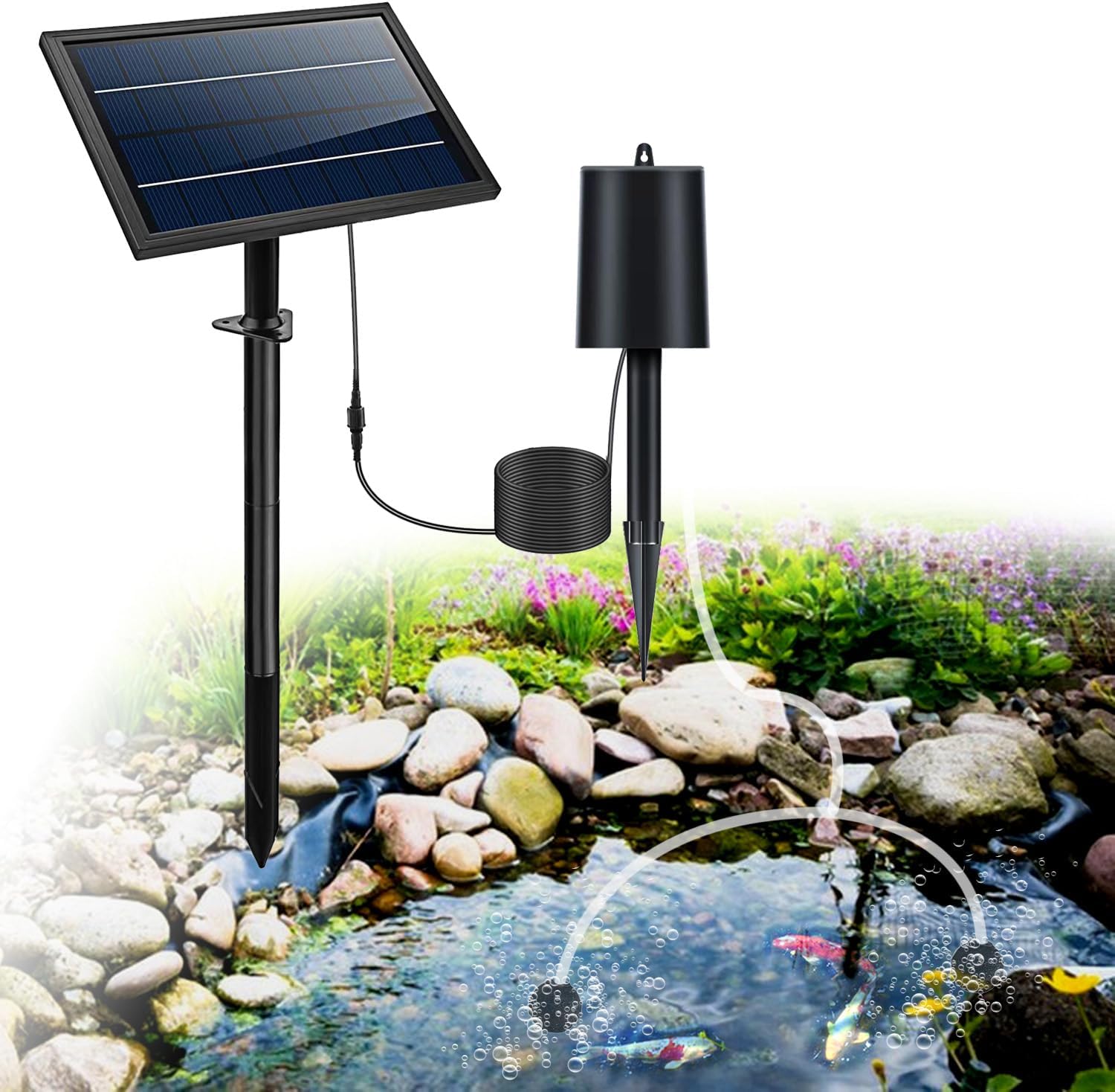 Lewisia 8W Solar Pond Aerator with Built-in 2400mAh Battery Backup, 3 Working Modes, 2 Air Stones, Solar Powered Air Pump for Pond Fish Tank Hydroponics Bubble Oxygenator