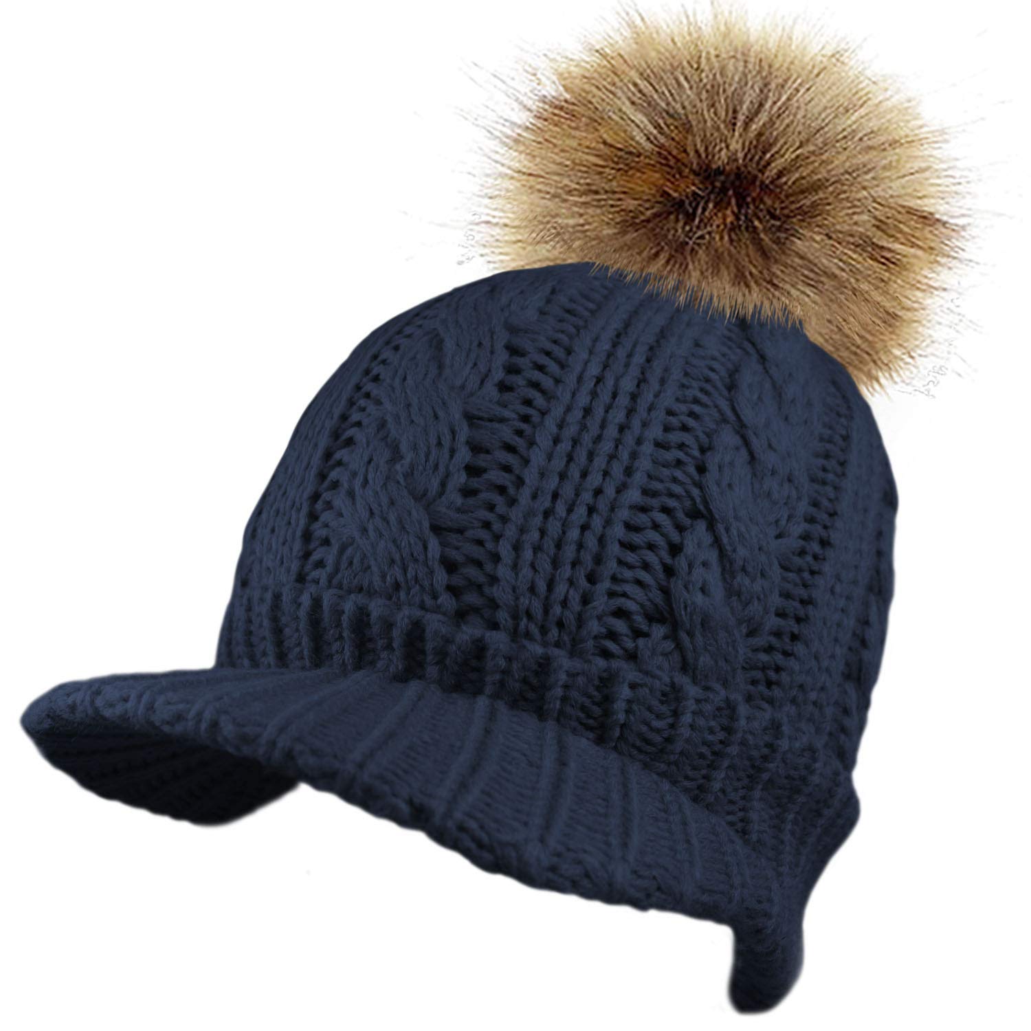 Toskatok Women's Navy Cable Knit Peaked Beanie Cap Hat With Warm Fleece Lining And Detachable Faux Fut Pom Pom