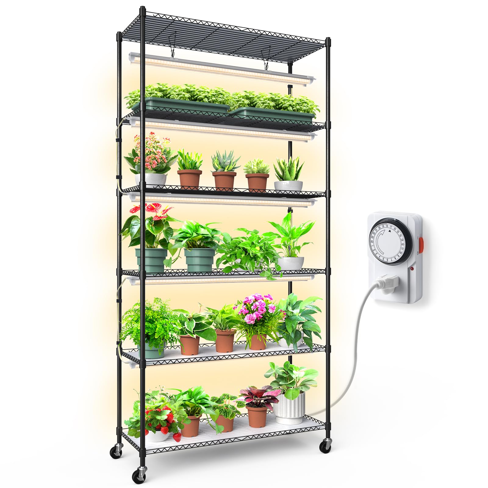 Barrina Plant Stand with Grow Lights, 3FT T8 Full Spectrum 150W Yellow LED Plant Lights 5 Packs, Indoor Plant Self for Multiple Plants with On/Off Timer Socket, 6-Tier 35.4"x13.8"x70.9"