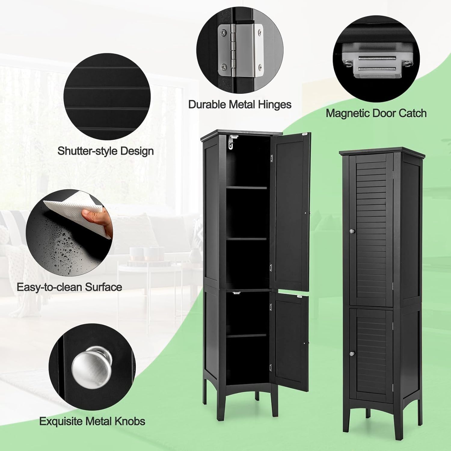 63" Tall Narrow Storage Cabinet, Bathroom Cabinet with 2 Doors and 5 Tier Storage Shelves, Slim Bathroom Storage Cabinet for Small Space, (Black)