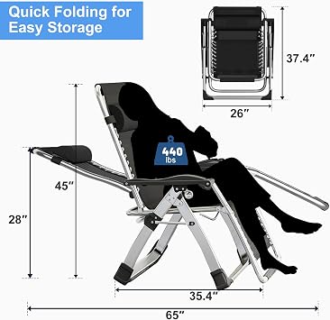H&ZT Zero Gravity Chair,Folding Lounge Recliners with Removable Soft Pad,Headrest and Footrest,Sun Tanning Chair for Indoor and Outdoor,Support 440 LBS