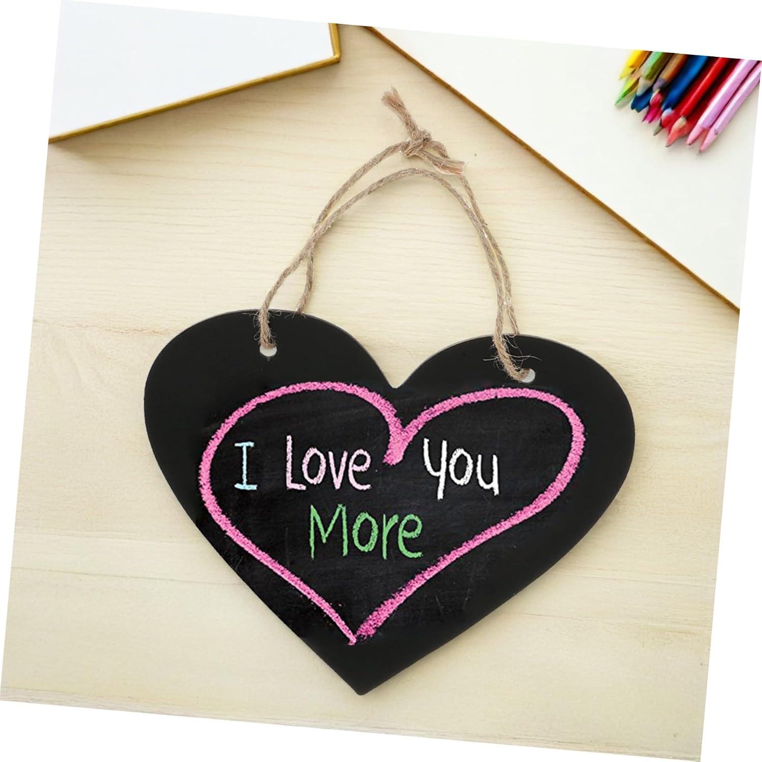 VICASKY Heart Shaped Wooden Chalkboard Sign Hanging Decorative Blackboard for Weddings Christmas Party Favors Crafts Lightweight Mini Message Board with Jute Rope