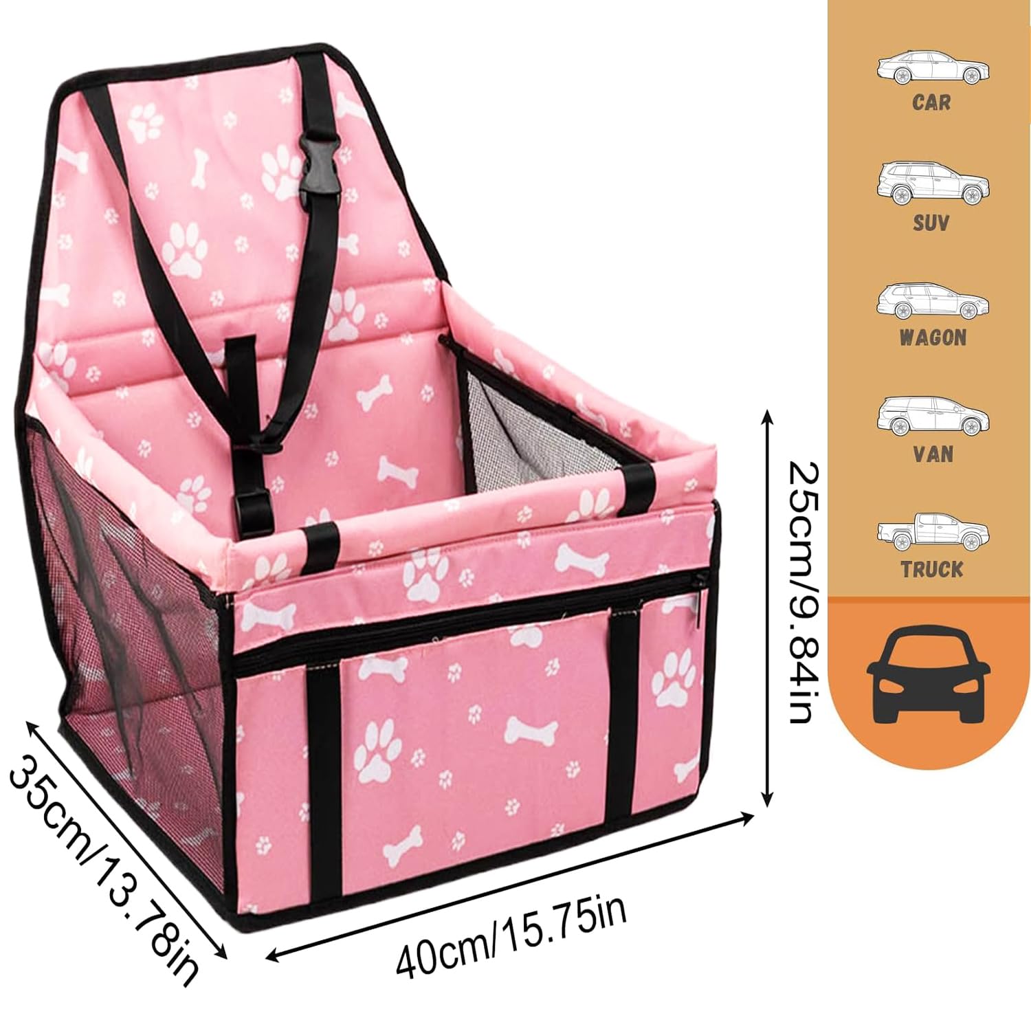 MEISO Siège Auto pour Chiens, Sac de Transport Chien et Chat avec Ceinture de Sécurité, Auto Chien avec Tige de Support de Nivellement, Pliable, pour Chiens adapté aux Animaux de Petite Moyenne (Rose)