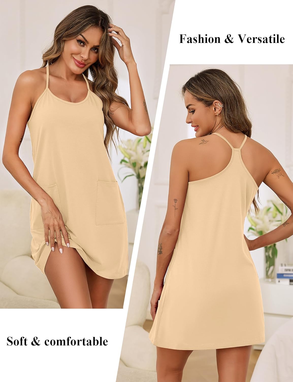 Marvmys Women's Cotton Sleeveless Short Nightgowns Racerback Sleep Dress with Pockets Scoop Neck Chemise Sleepwear - Image 2