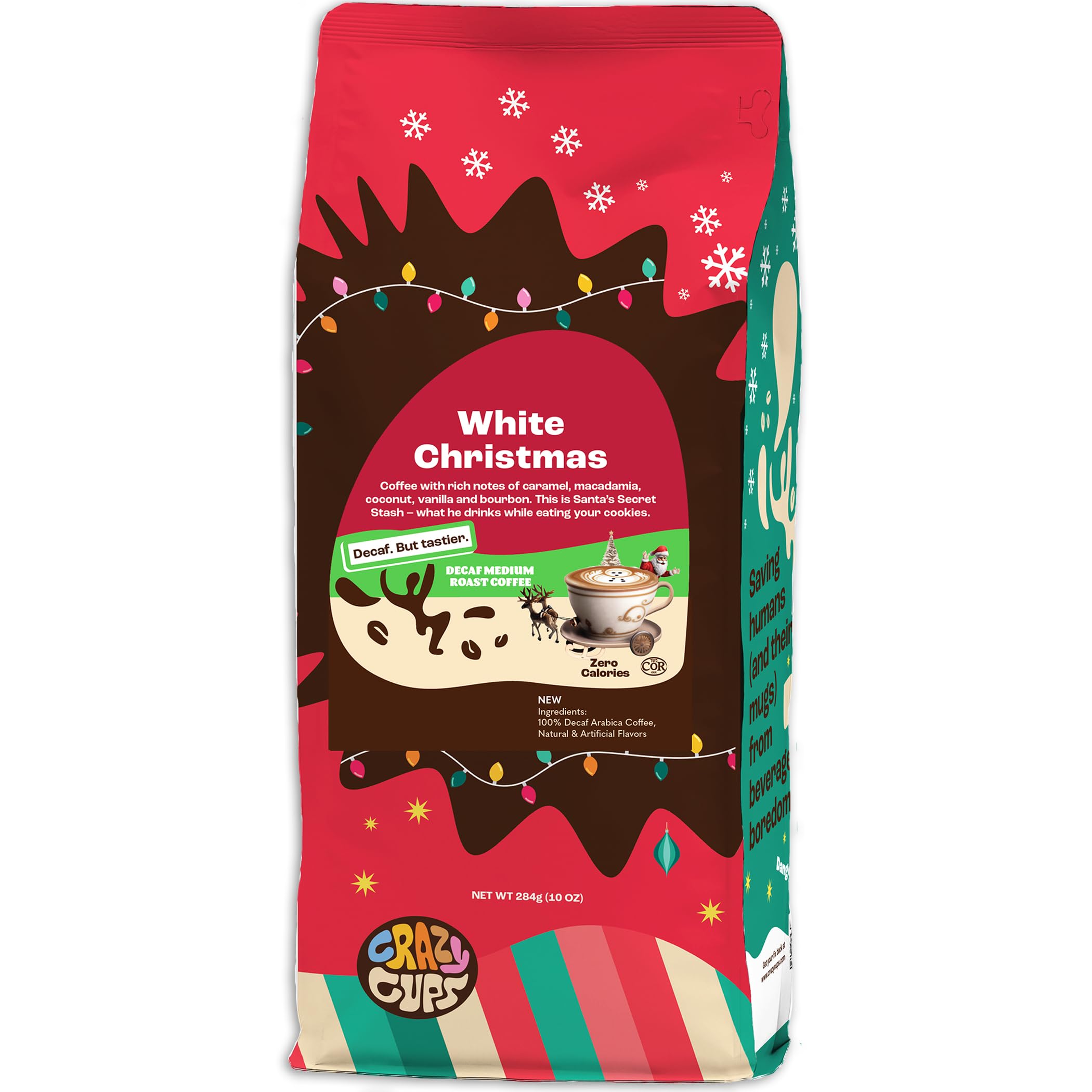 Crazy Cups Flavored Ground Decaf Christmas Coffee, Decaffeinated White Christmas Coffee in 10 oz Bag, For Brewing Flavored Hot or Iced (Pack of 1)
