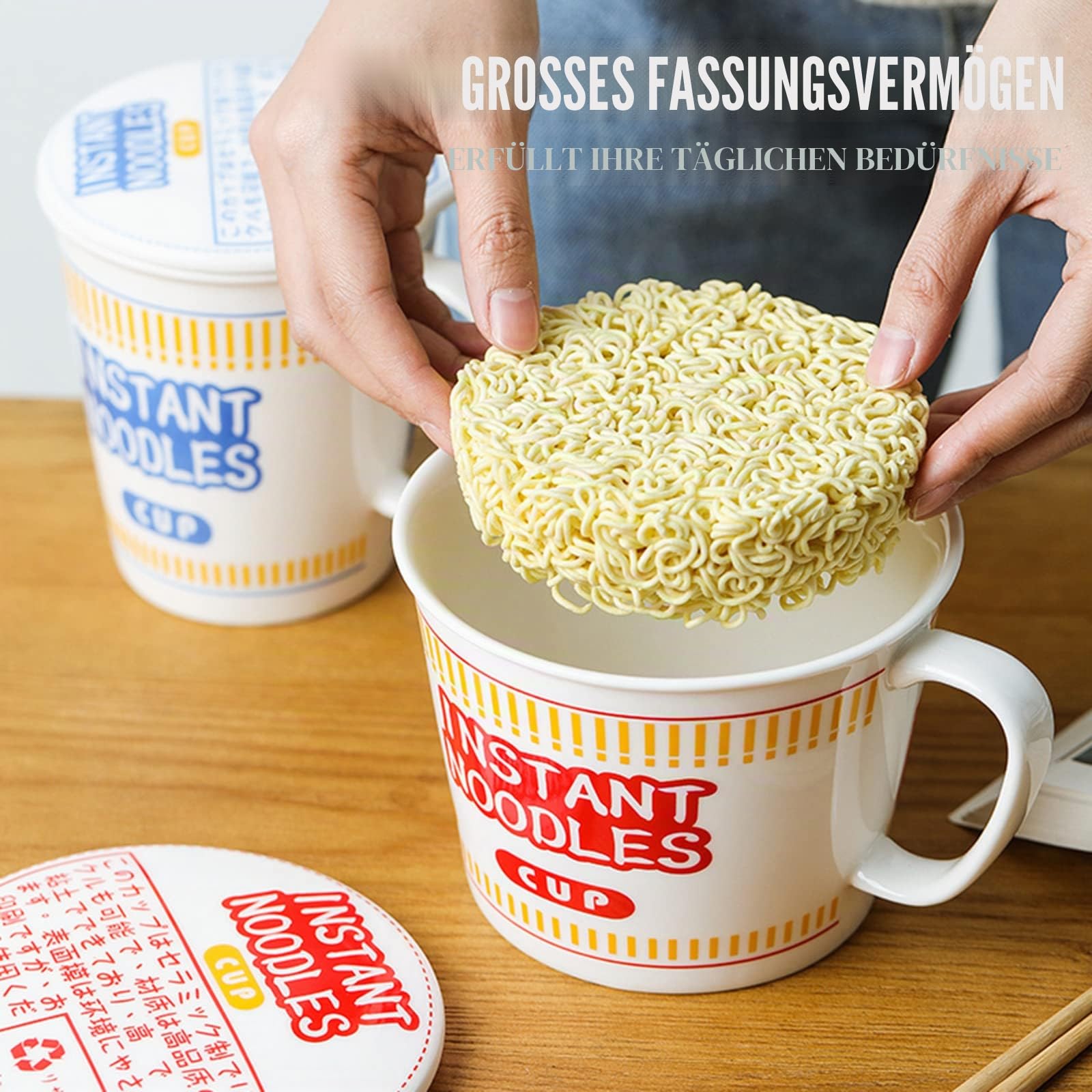 Ramen Schüssel mit Deckel Groß Instant Nudeln Ramen Bowl Keramik Suppenschüssel mit Deckel und Griff (Rot, 1000ml)