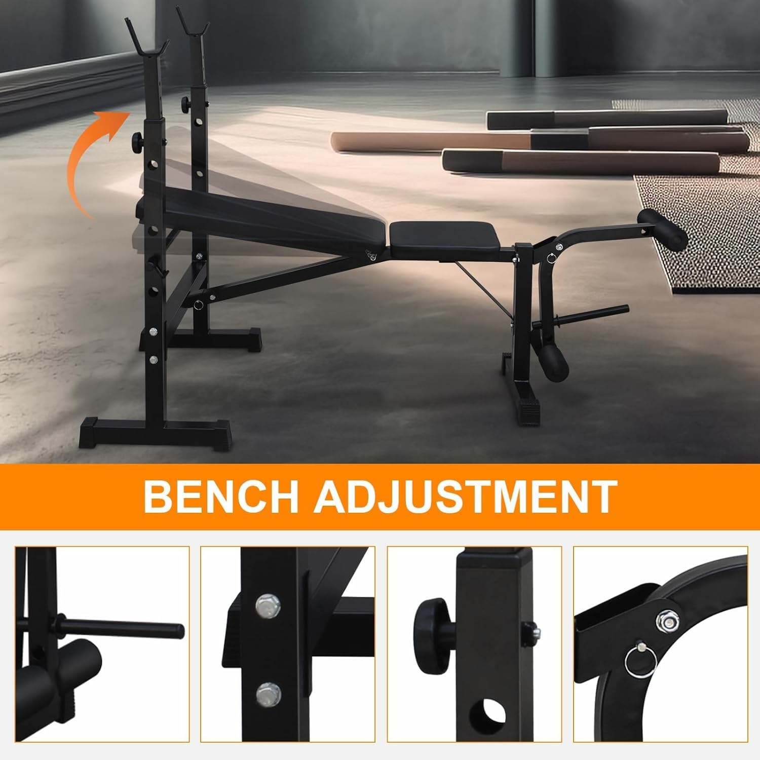 GarveeTech Banco de Pesas Ajustable 330 lb, Soporte para Barra, Respaldo Reclinable, Desarrollador de Piernas, Altura Regulable, Banco Multifuncional Plegable para Entrenamiento de Fuerza en Casa