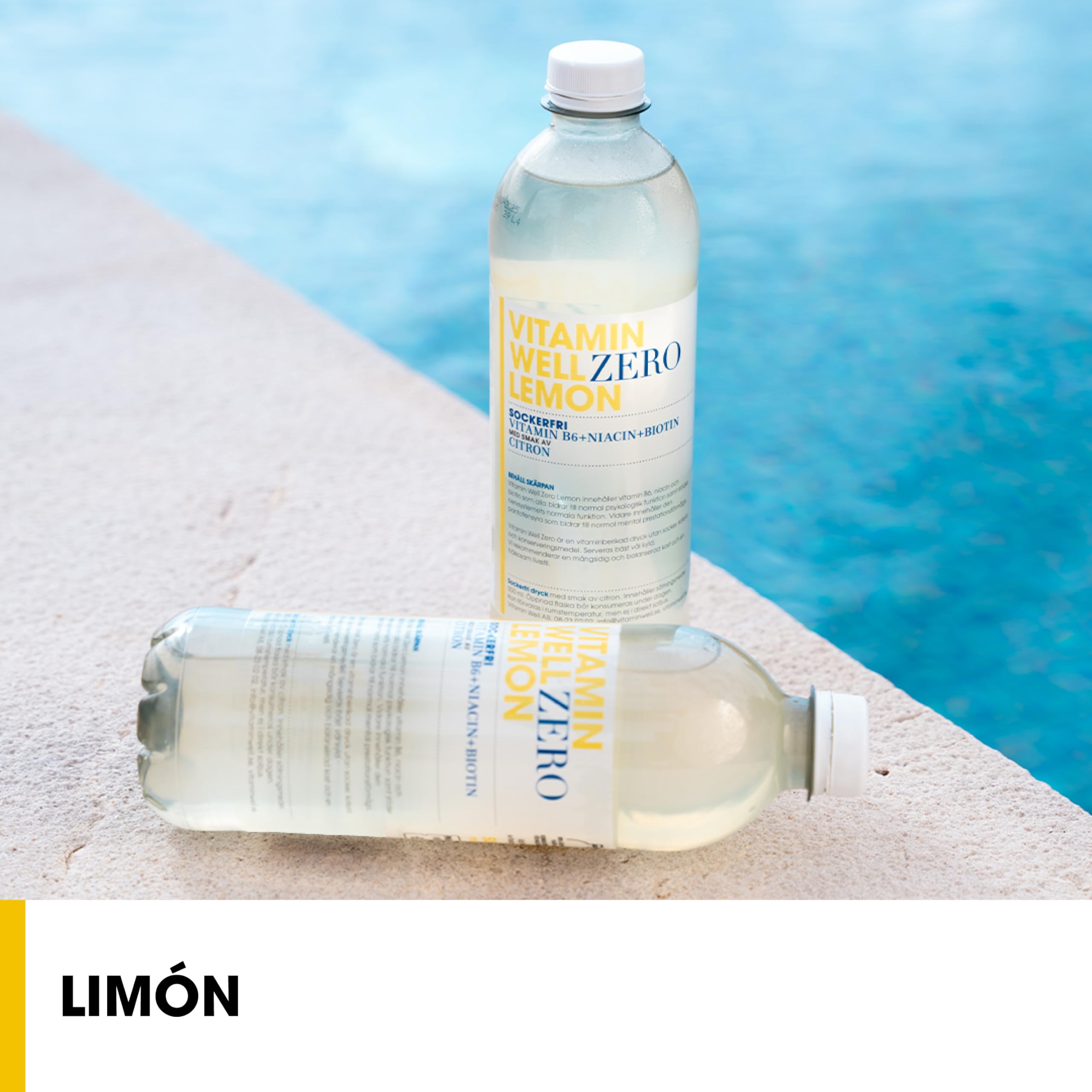Vitamin Well - Bebida enriquecida sin azúcar con vitaminas C y D, zinc y biotina. Una alternativa saludable con sabor a fresa y ruibarbo. Lemon/Limón (12 x 500 ml).