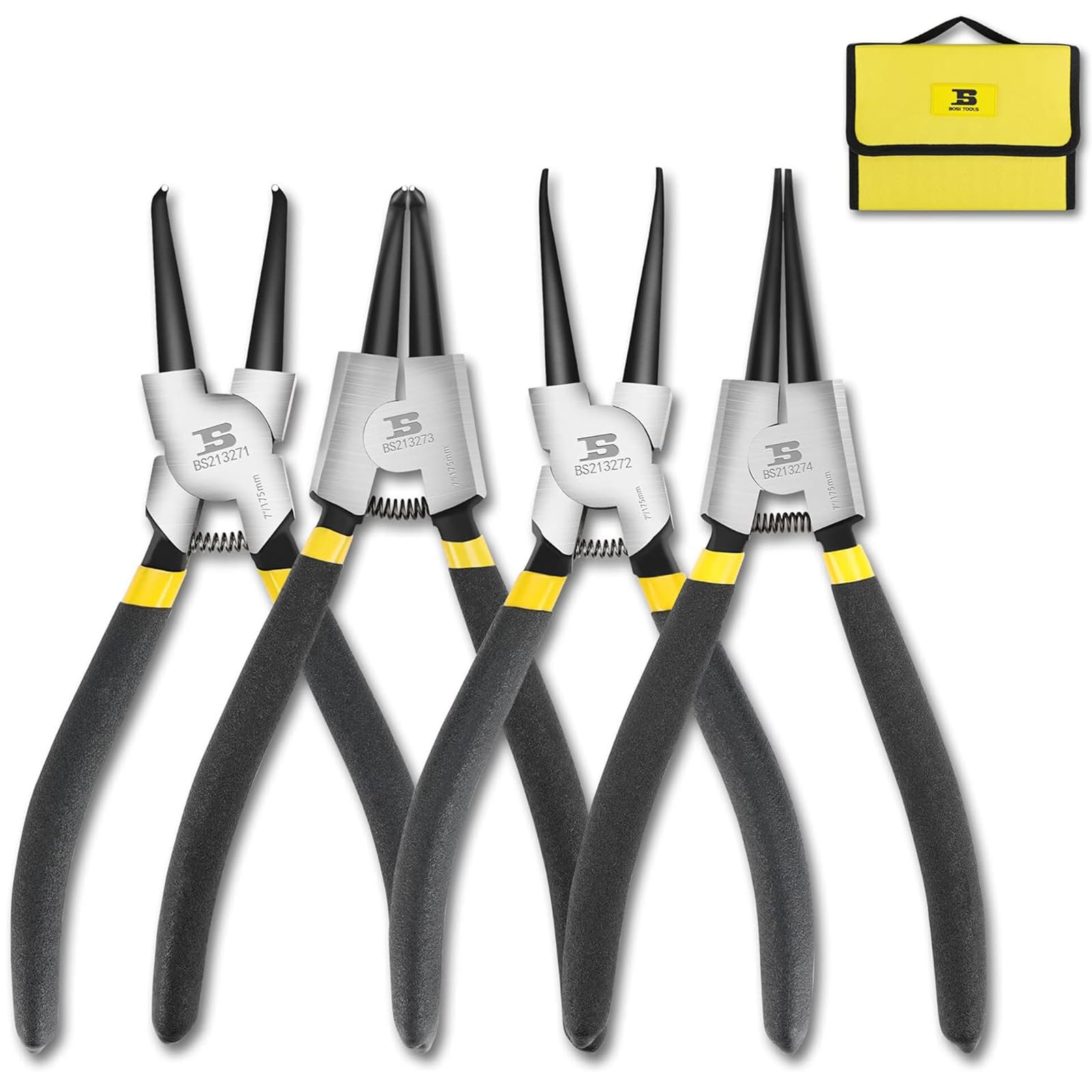 B BOSI TOOLS4-Piece Snap Ring Pliers Set 7 Inch Internal and Outdoor Circlip Pliers with Storage Case, 5/64 Inch Tip, Straight, Bent, Sea Ring Pliers for Ring Remover Fuse