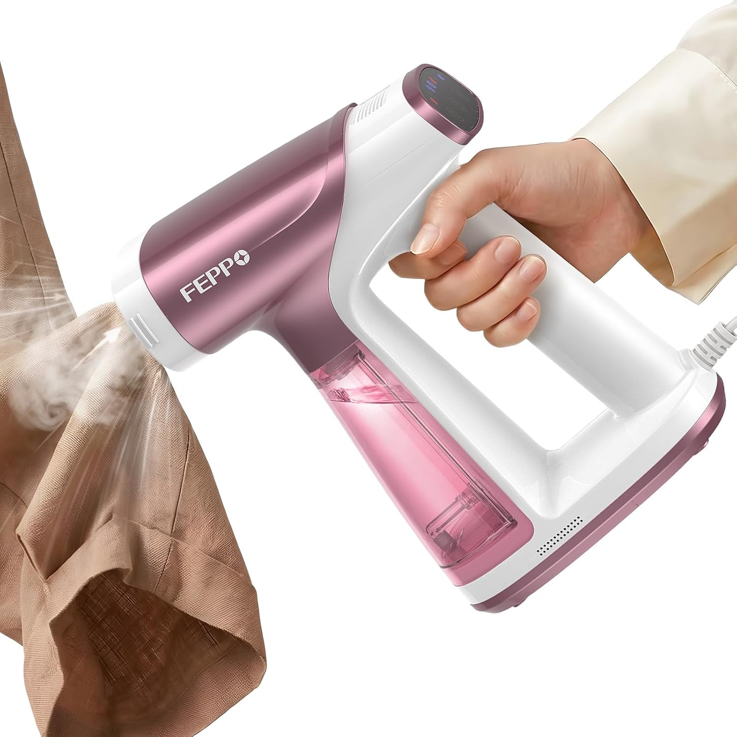 FEPPO Vacuum Steamer for Clothes, Handheld Garment Steamer with Suction, 2-in-1 Steam & Iron, LED Display, Adjustable Suction & Steam Modes, One-Hand Vacuum Steamer for Home (For 110-120V)