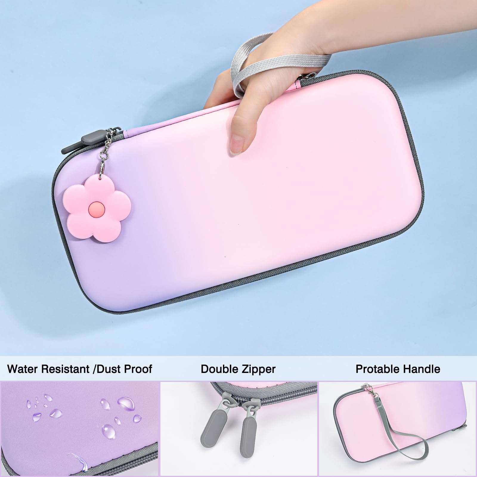 DLseego Tasche nur für Switch 2,Tragetasche für Reise mit Stabiler Schutzhülle,4PCS Daumenabdeckung und 1PC Schöne Blume Charme,Rosa+Lila
