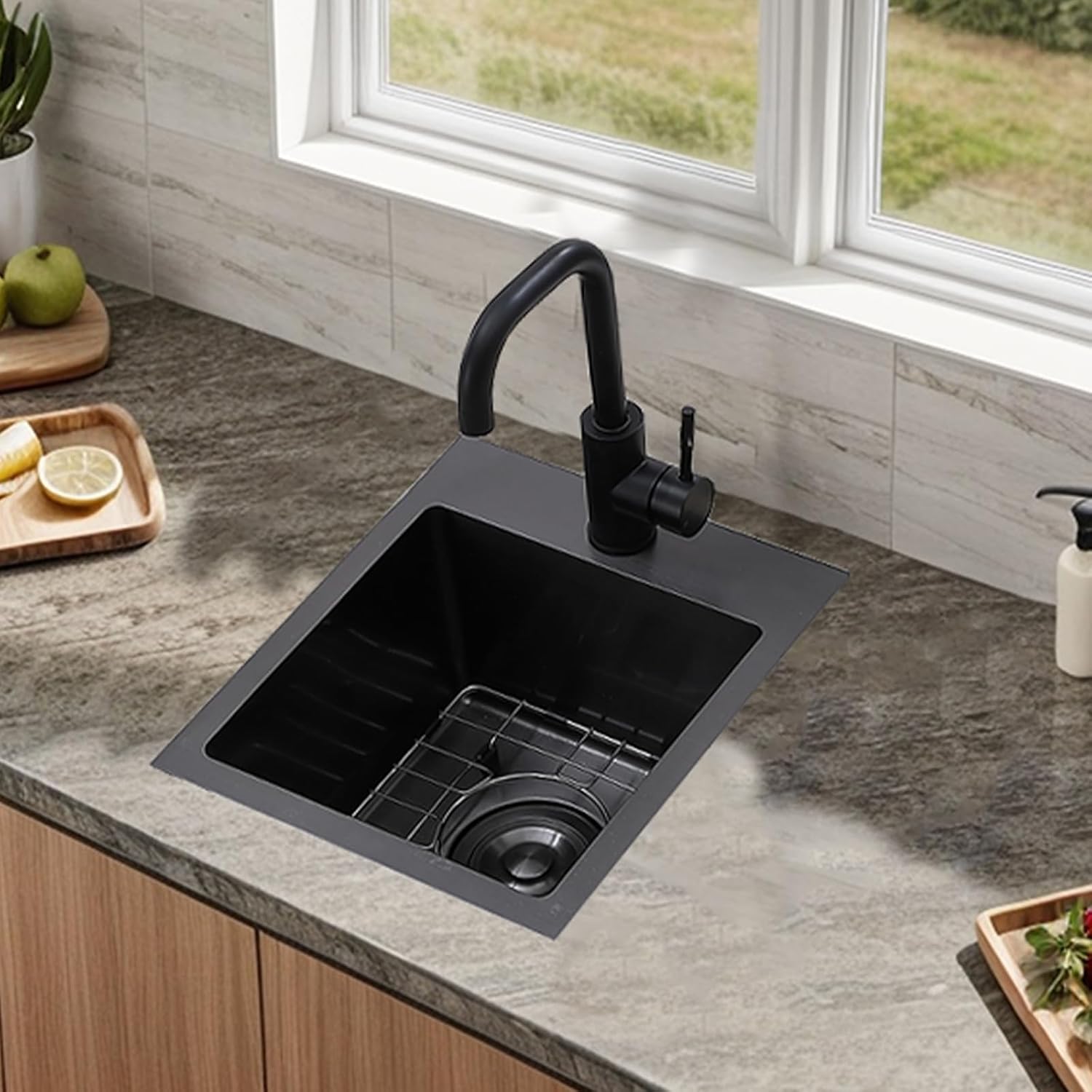 VAPSINT 13x15 Inch Black Drop In Bar Sink, Single Bowl Top Mount Handmade Gunmetal Black Wet Bar Prep RV Sink, 16 Guage Stainless Steel Outdoor Small Kitchen Sinks with Grid & Drain Strainer