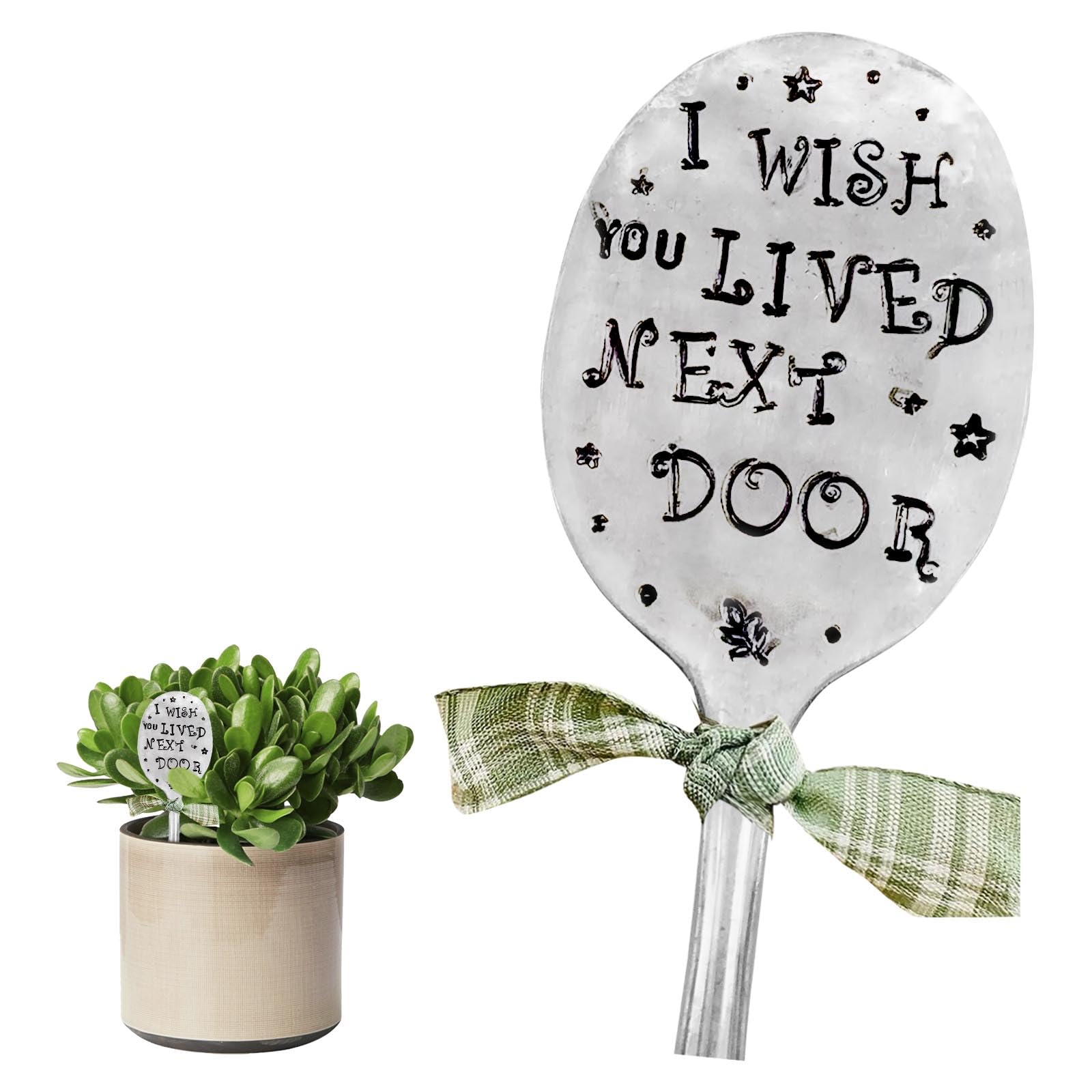 1PCS Garden Marker Friendship Gift, Silver Stamped Spoon Plant Markers, Funny Humor Plant Label Gift, Creative Plant Markers Spoon for Plants, Herbs or Flowers (I Wish You Lived Next Door)