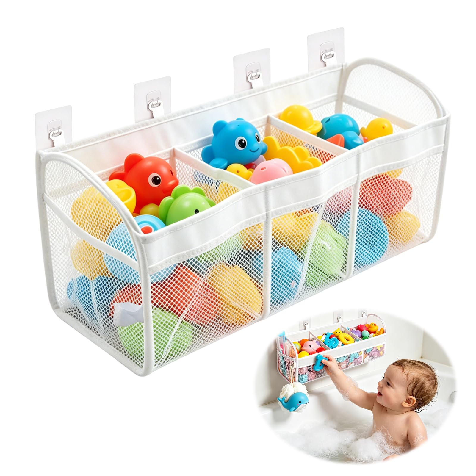 Bath Toy Storage Net, 3 Compartment Hanging Mesh Organiser with 2 Side Pockets 4 Strong Suction Hooks, Quick Dry Sturdy Bathroom Toy Tidy for Baby Kids Bath Toys