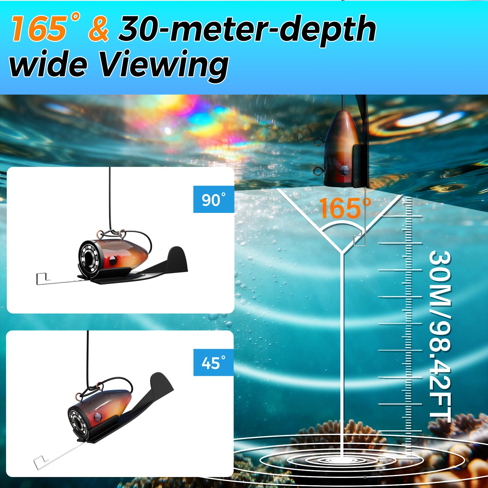 Cámara de pesca subacuática con monitor LCD de 7 pulgadas, cámara portátil para peces con luz, 12 piezas y cable de 30 m, resistente al agua IP68 para pesca en hielo, lago, mar, barco, kayak