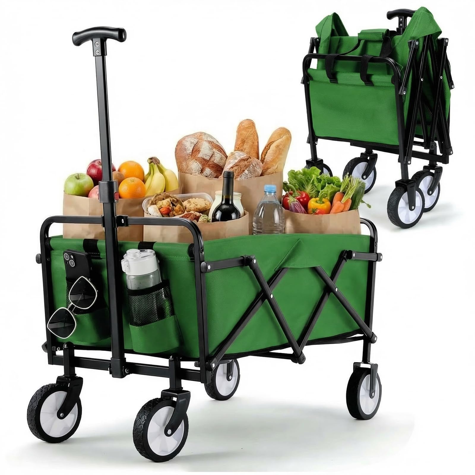Bollerwagen Faltbar Handwagen All Terrain Räder, Gartenwagen mit Getränkehalter verstellbarem Griff, Transportwagen Klappbar Strandwagen, Gartenkarre, Einkaufswagen, Camping (Grün)