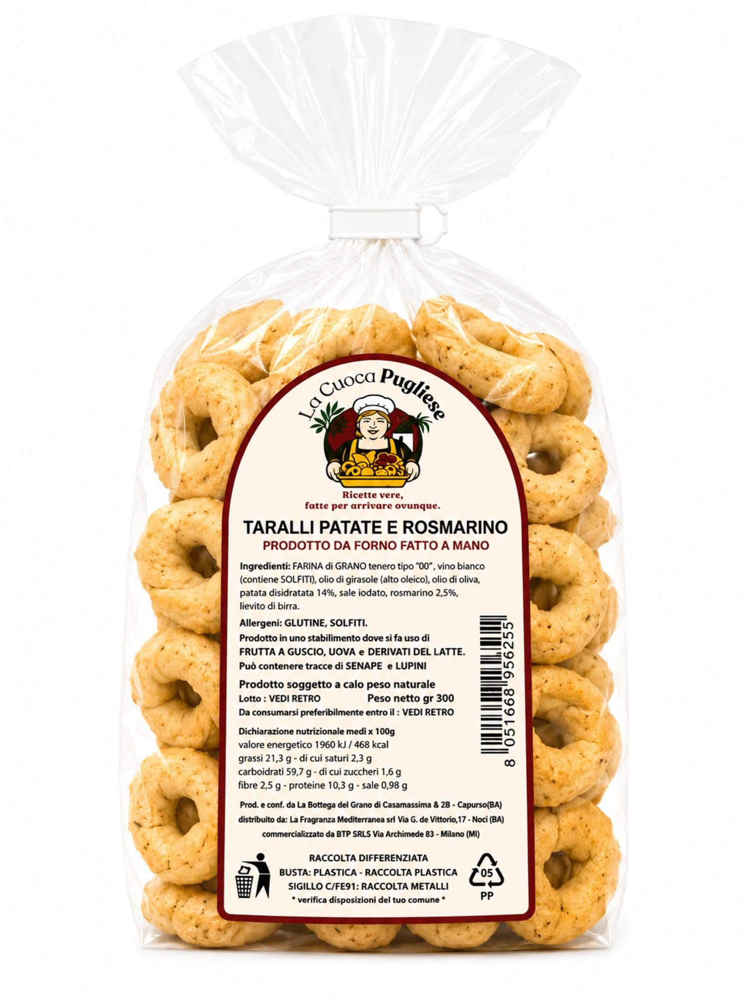 La Cuoca Pugliese - Taralli Patate e Rosmarino Artigianali Pugliesi, Taralli Salati Croccanti, Snack da Forno Tradizionale, Ideali per Aperitivi, Confezione da 10 x 300 g