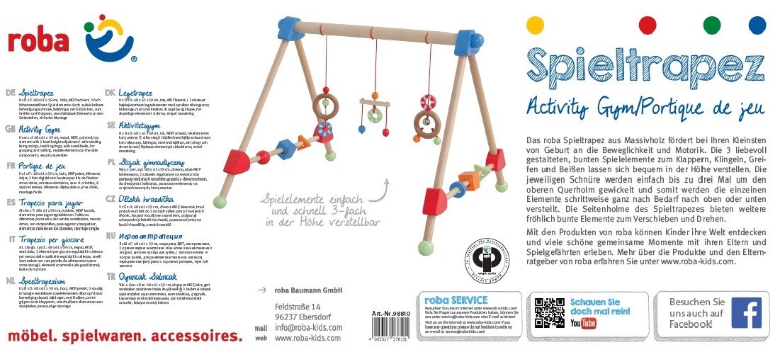 roba Portique d'Éveil en Bois pour Bébé - Jouet d'Activité avec 3 Pendentifs - Arche de Jeux Solide - Multicolore