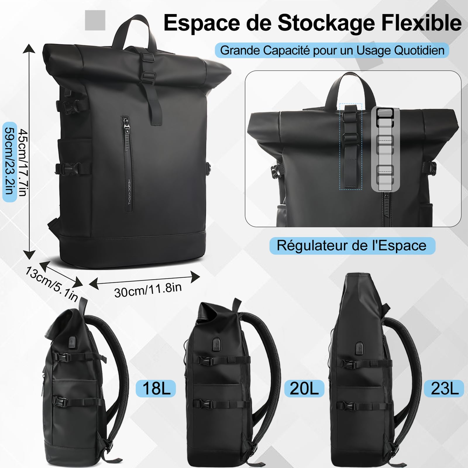 hk Sac a Dos Extensible 27L Sac Roll-Top Etanche Grand Sac a Dos PC Portable 15.6 Pouces avec USB Charging Port Pour Hommes Femmes Loisir Randonnée Camping Voyage