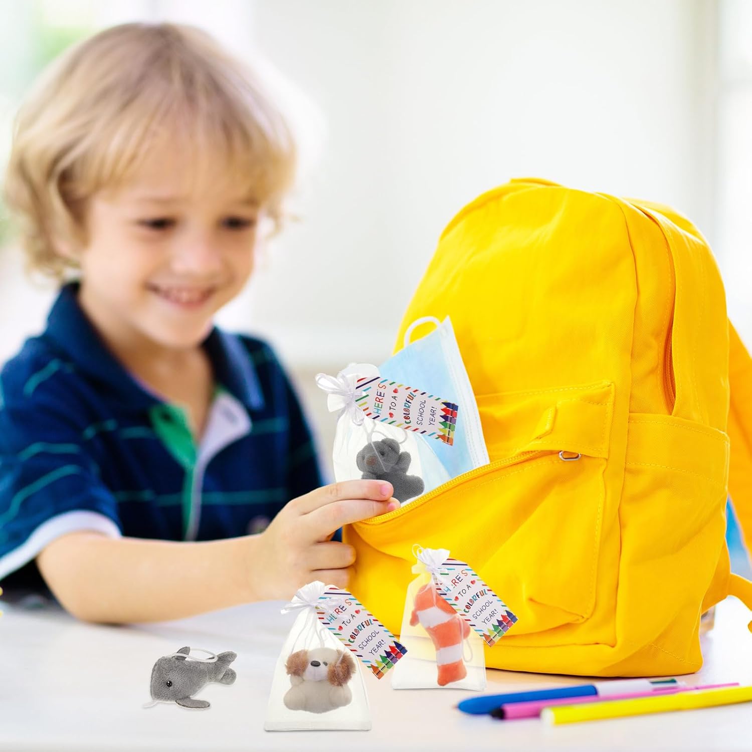 24 Set Welcome Back to School Gifts for Students Mini Animal Plush Toy First Day of School Classroom Jungle Stuffed Animals Bulk with Label Tags Organza Bags for Goodie Bag Fillers(Cute)