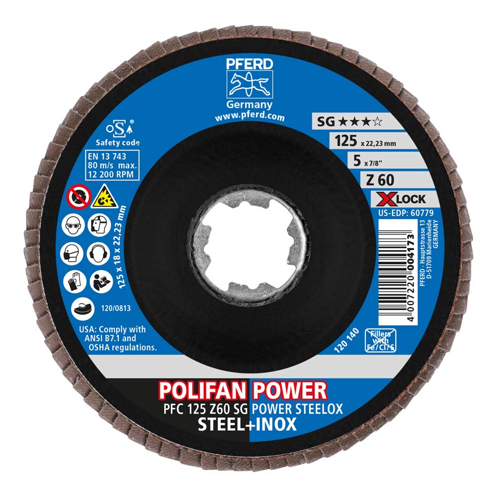 PFERD Disco de abanico Polifan Power 10 unidades, 125 mm, Z60, X-Lock (22,23 mm), SG Steelox 67786126 – para máxima eficiencia gracias a la descomposición agresiva.