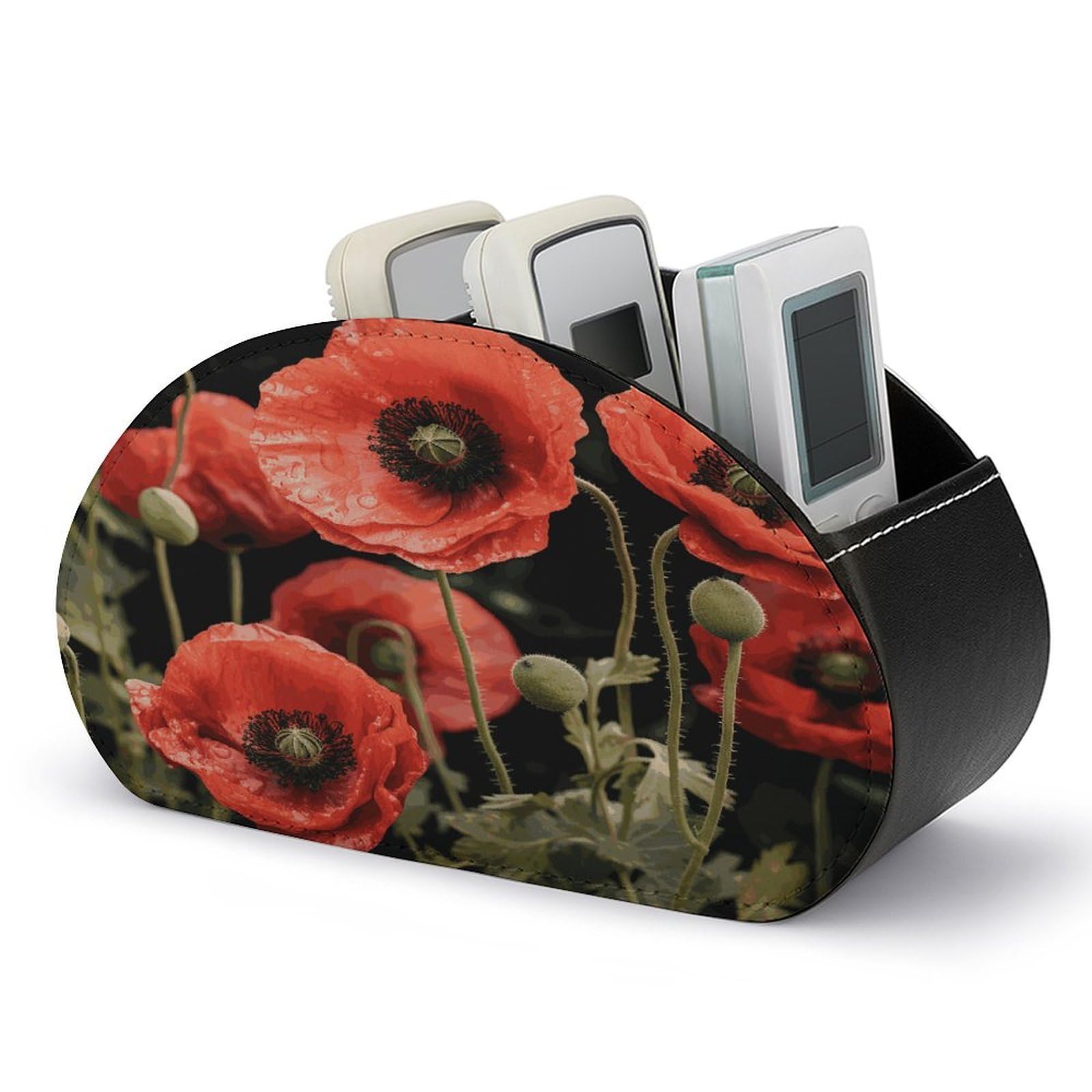 LDGSUPH Red Poppy Flowers Leaves Remote Control Holder with 5 Compartments PU Leather TV Remote Caddy Storage Box Multi-functional Desk Storage Organizer Box Anti-slip Desktop Caddy