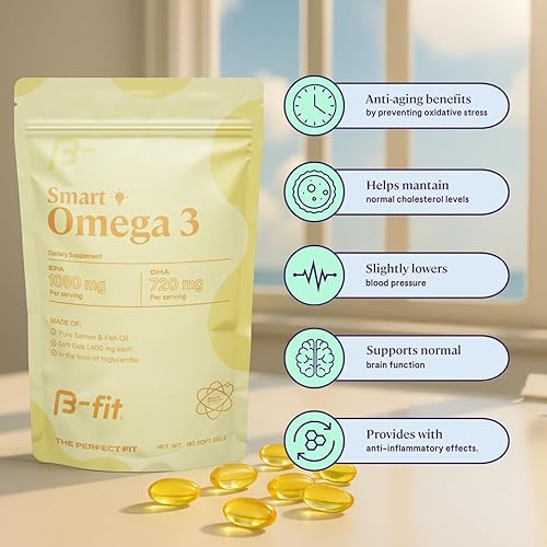 Miniatura 2 de B-FIT Aceite de pescado Omega 3, fórmula patentada de alta potencia, 1800 mg con 1080 mg de EPA y 720 mg de DHA, 180 cápsulas blandas inodoras de