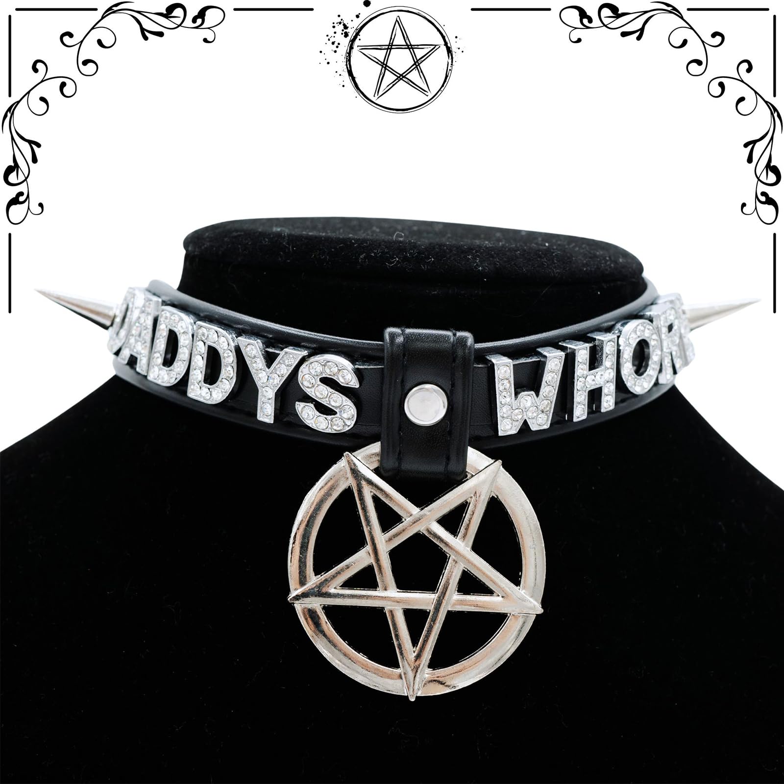 ADEMISHIA Black Pentagram Choker Collar For Women, Punk Gothic Vagen Leather Collar With Name Letters Adjustable Spiked Necklace: DADDYS GIRL