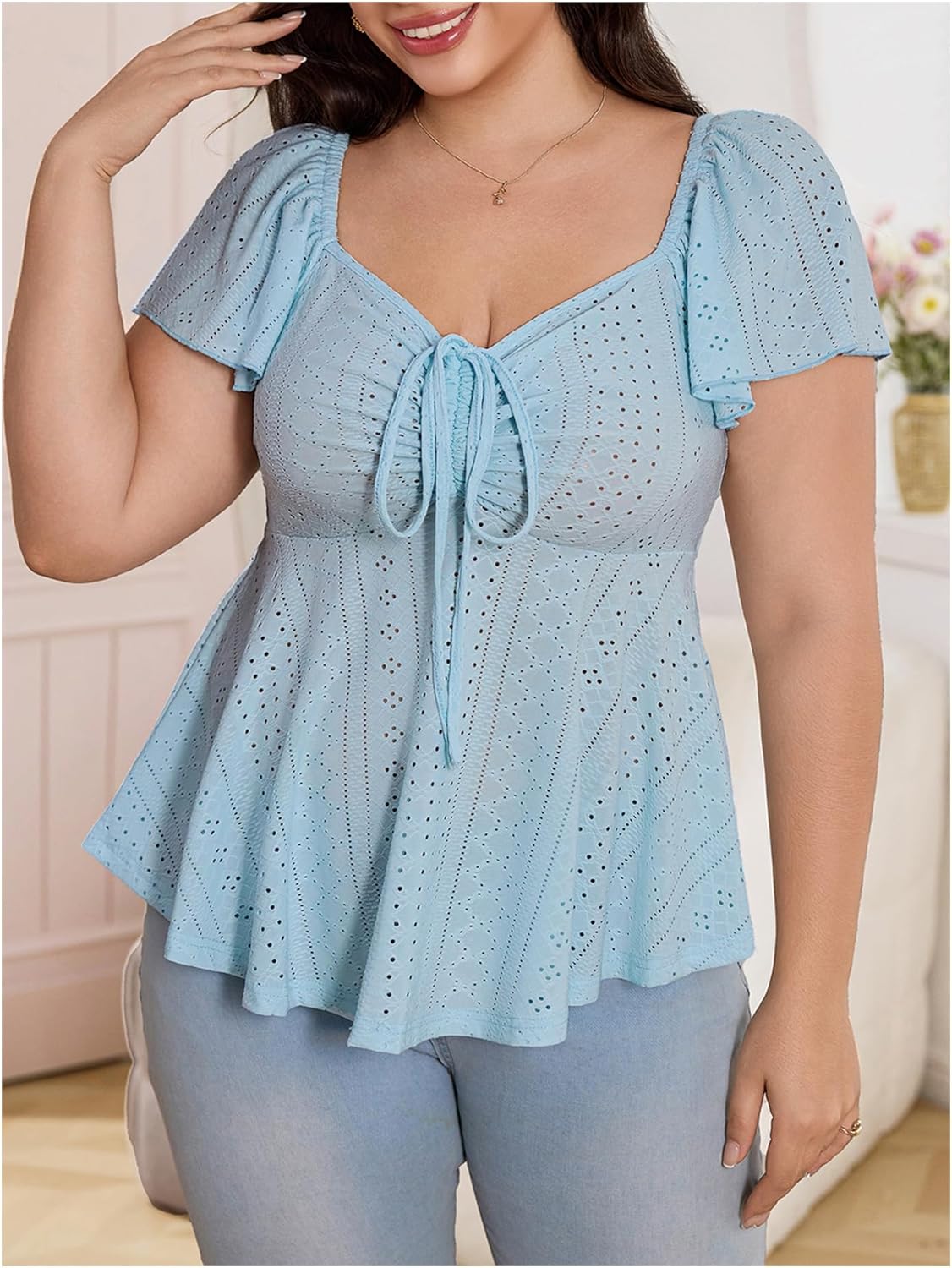 SOLY HUX Women's Plus Size Short Sleeve Tie Front Blouse Ruffle Short Sleeve Shirts Babydoll Tops - Image 4