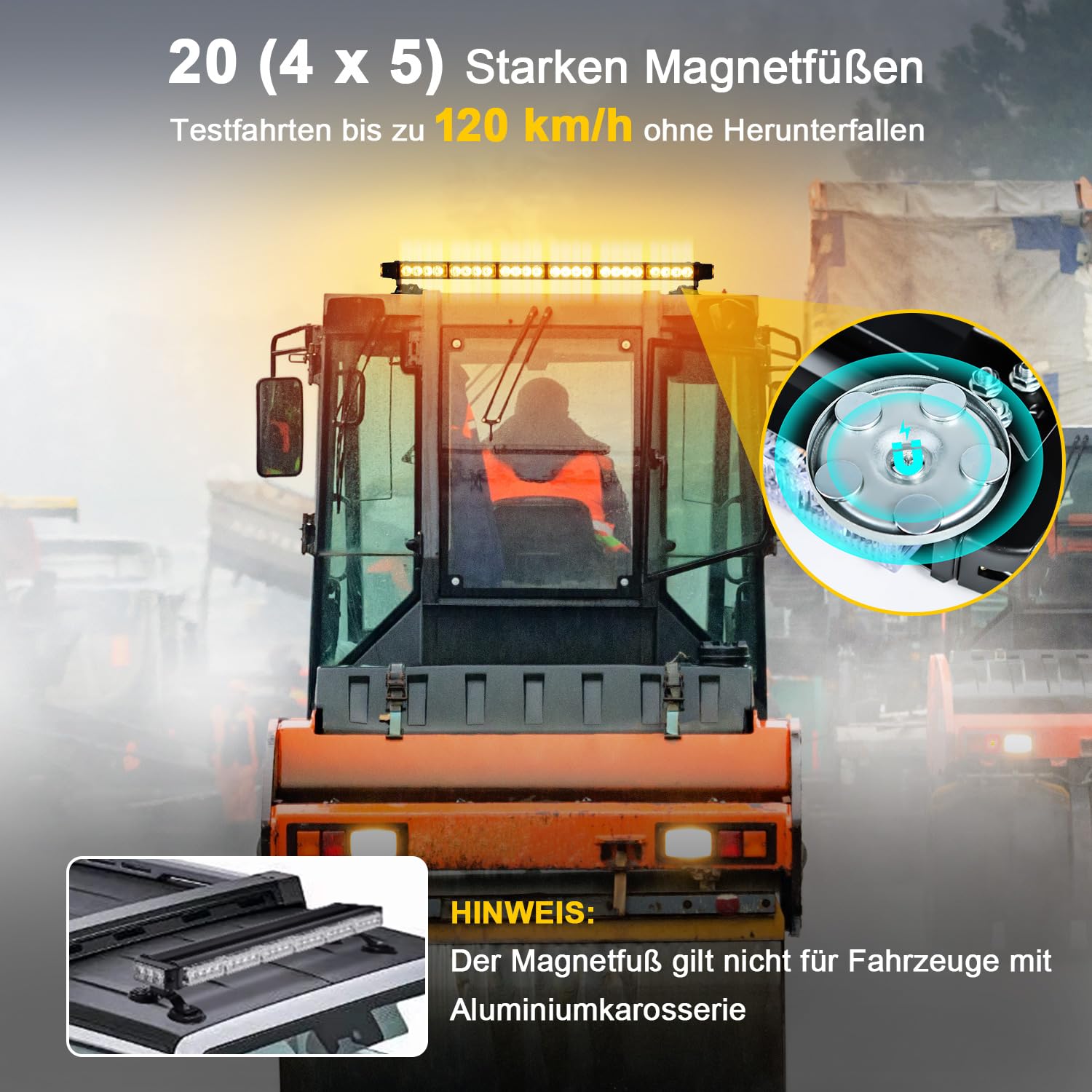 LED Warnbalken Rundumleuchte 12V 24V Magnet Gelb 71 cm | 4,8 m Kabel, 26 Modus-Speicher, Gummisaugfüße bis 120 km/h, für Traktor und Baufahrzeuge
