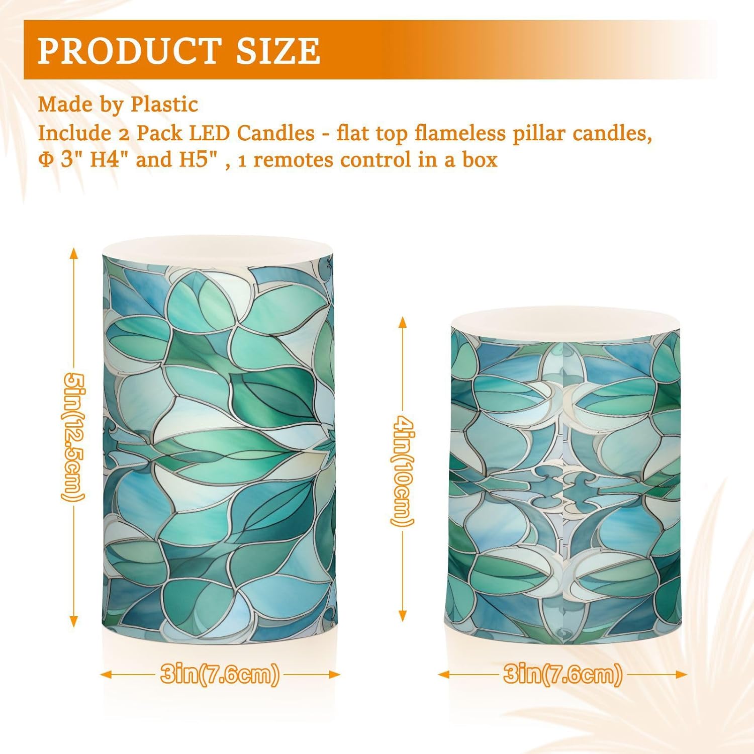 Lights Flameless Candles Turquoise Flower Pattern Pillar Candles Set of 2 Battery Operated Remote Control Warm Lights Home Decor