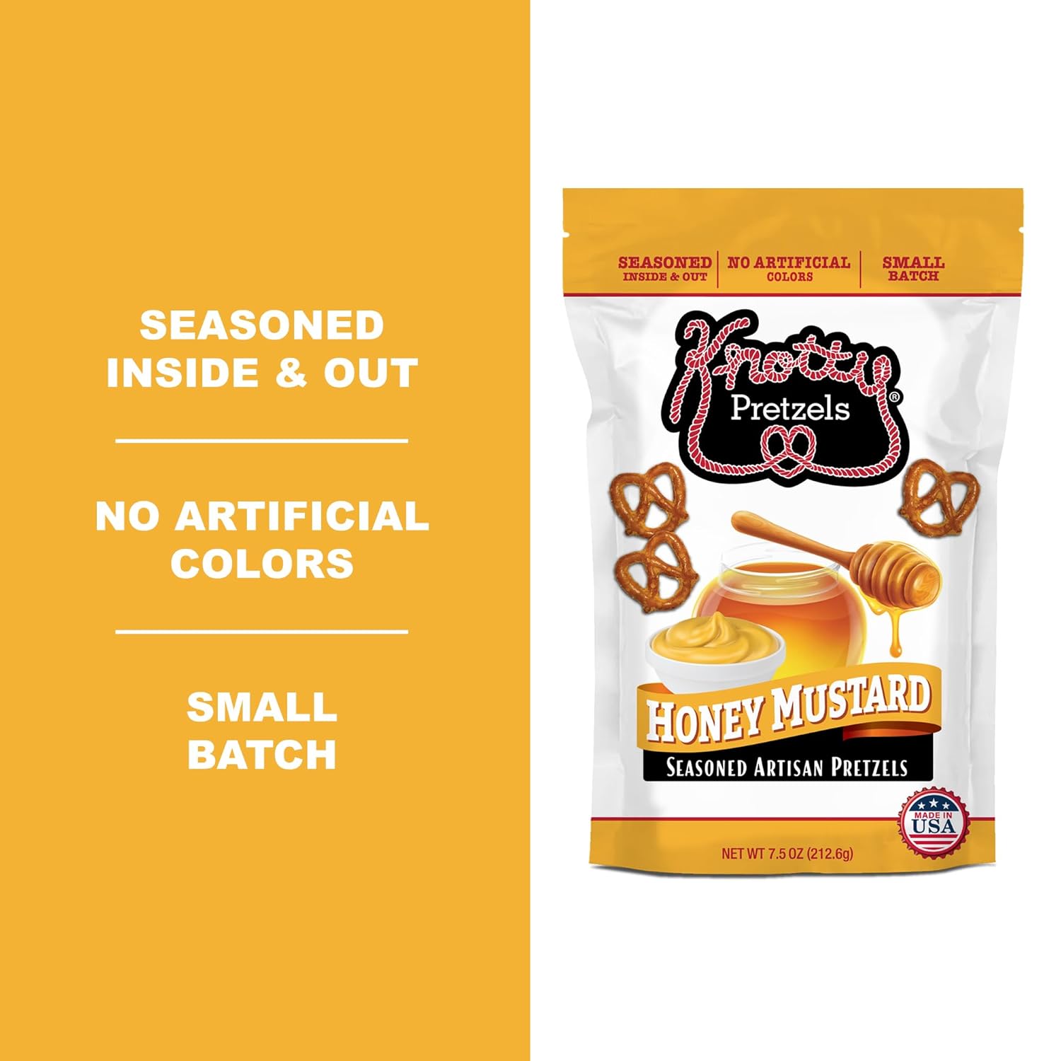 Knotty Pretzels - "The Official Pretzel of Beer" 7.5 Ounce Individual Seasoned Pretzel in Resealable Snack Bags - Honey Mustard (6 Pack)