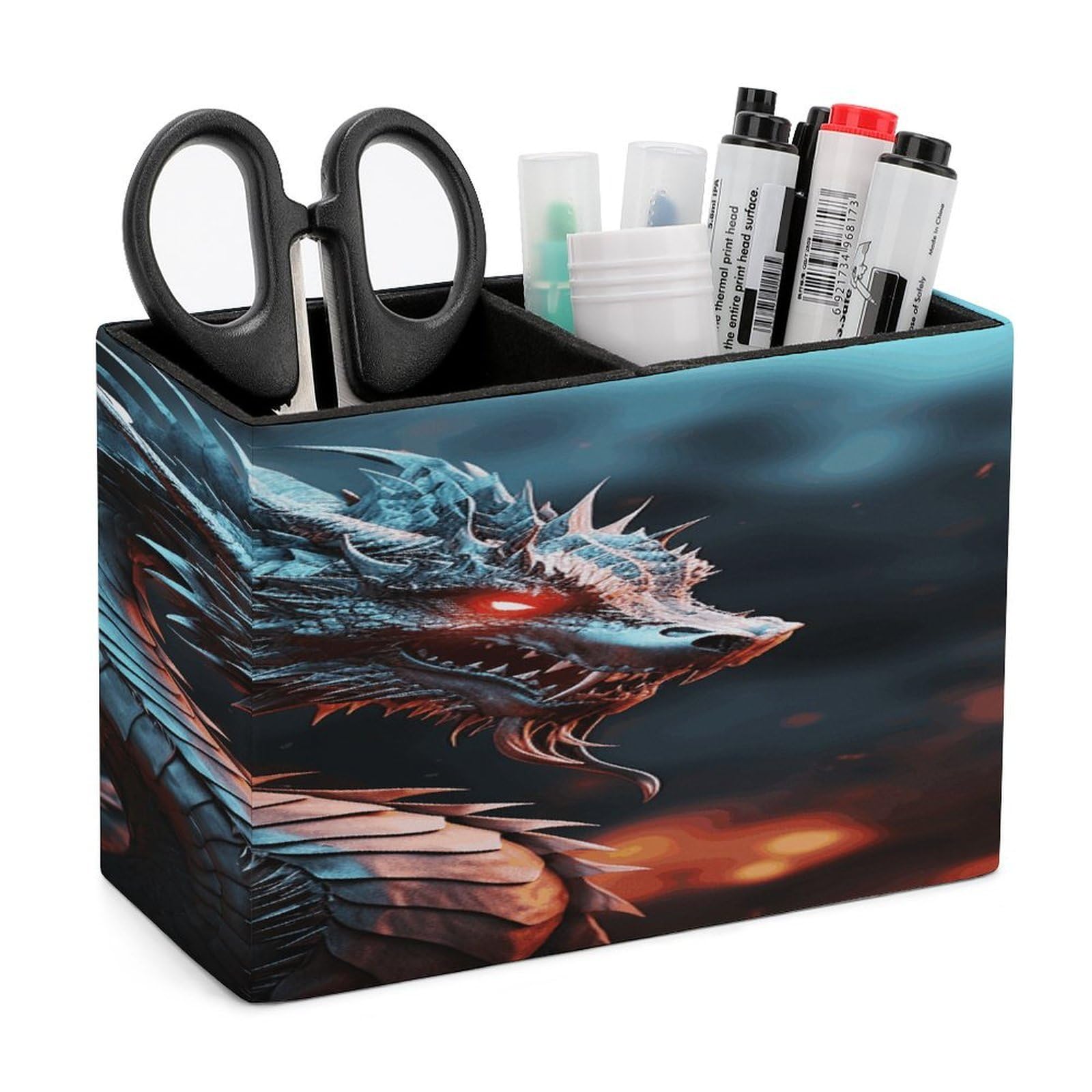 VstaDank Dragon Pen Holder Double Compartments Pen Cup Fashion Makeup Brush Holders Leather Pencil Holder for Work Locker Accessories Modern Pencil Cup for Desk Organizer