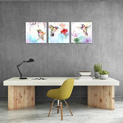 Miniatura 2 de Canvbay 3 piezas de arte abstracto de pájaros para pared, lienzo de acuarela, colibríes y pintura de flores, impresión artística en lienzo, póster