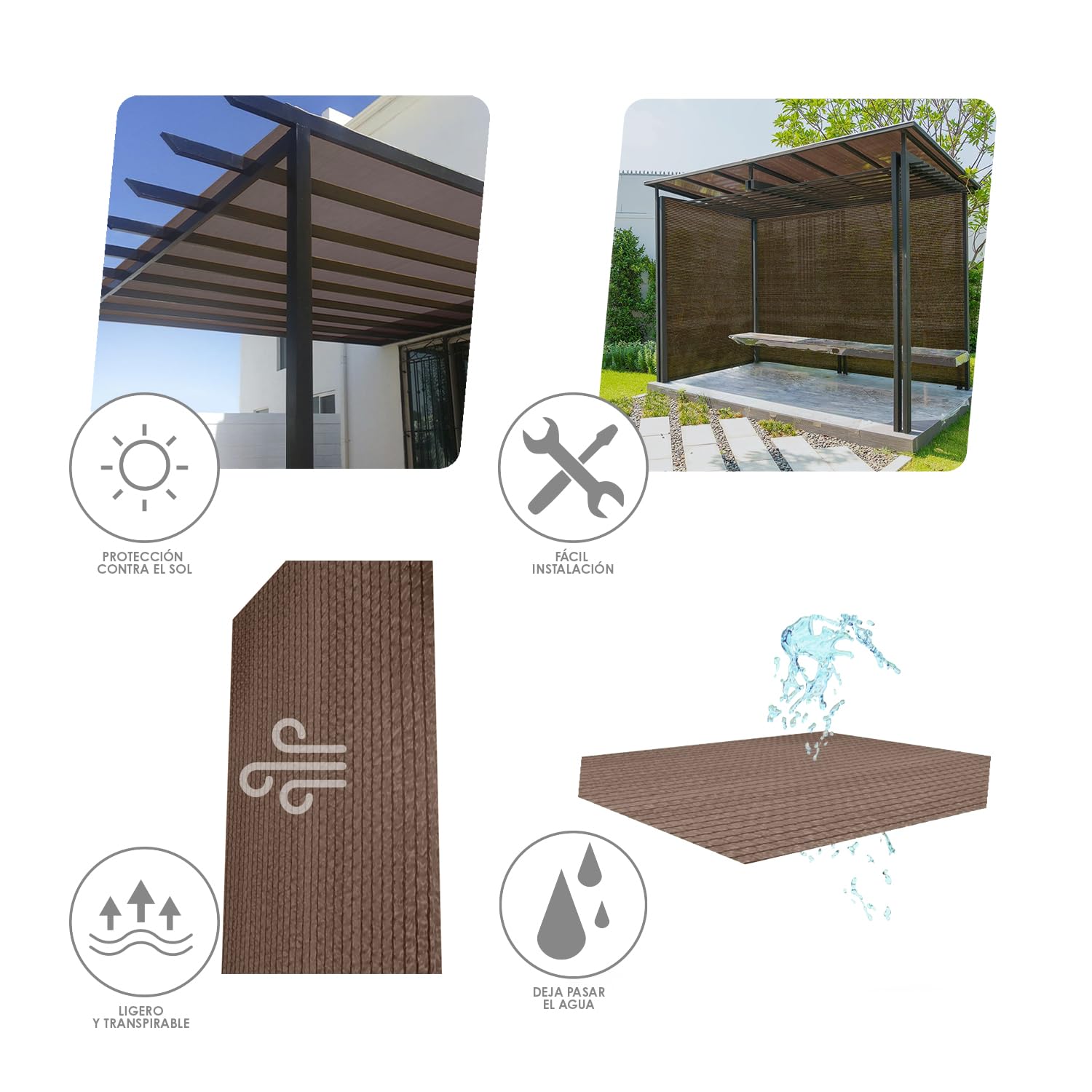 Malla Sombreo Plus 1,5 Metro Marron Rollo 50 MTS. Filo Reforzado Reduce Radiación, Malla Sombra, Malla Ocultacion, Sombra Patios